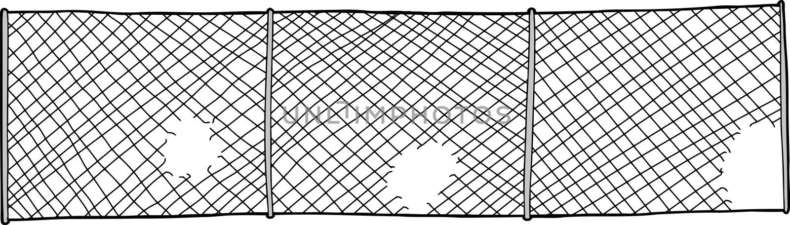 Chain link fence with cut out holes on white background