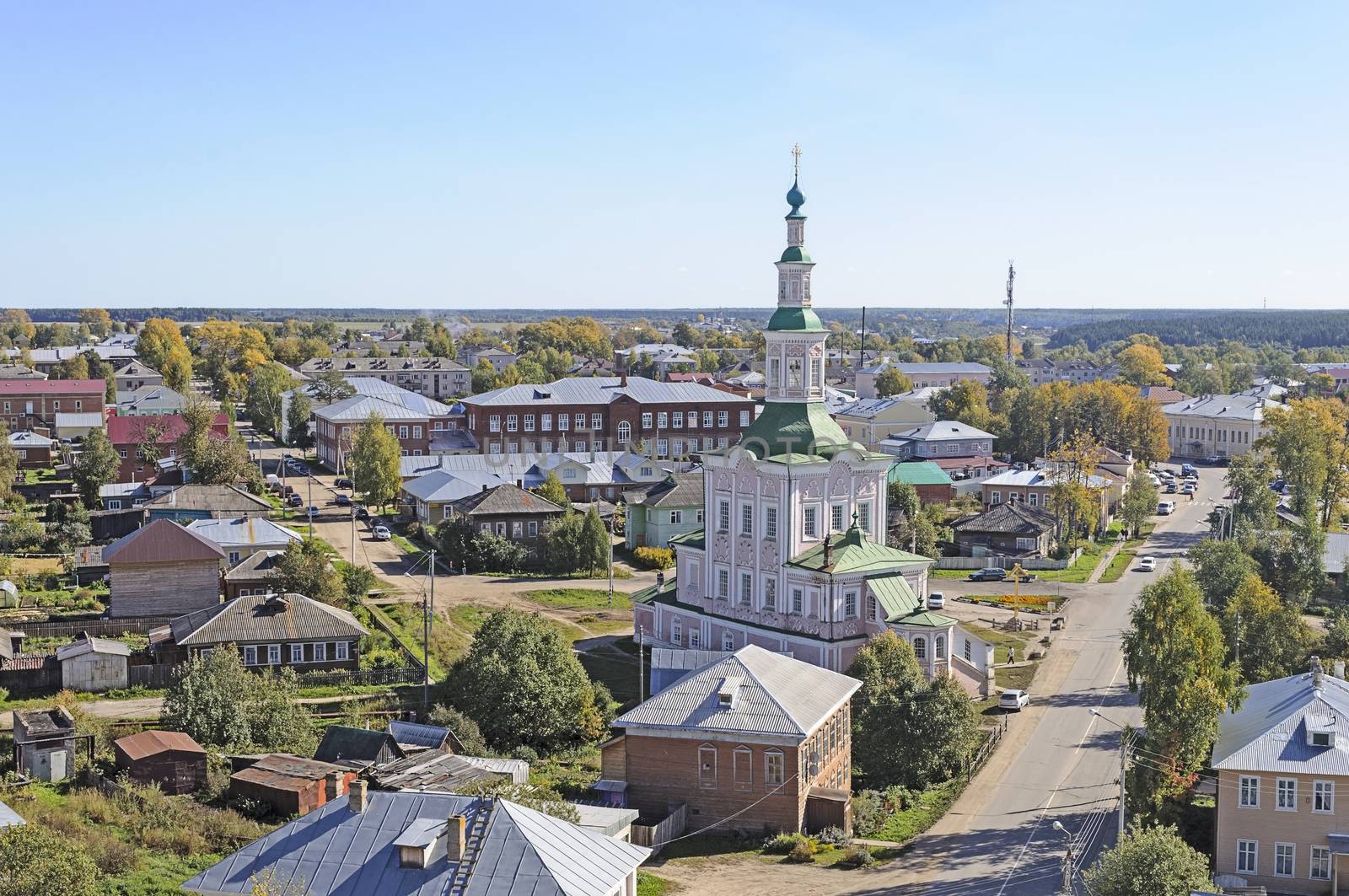 Top view of Totma with Church of the Nativity, northern Russia