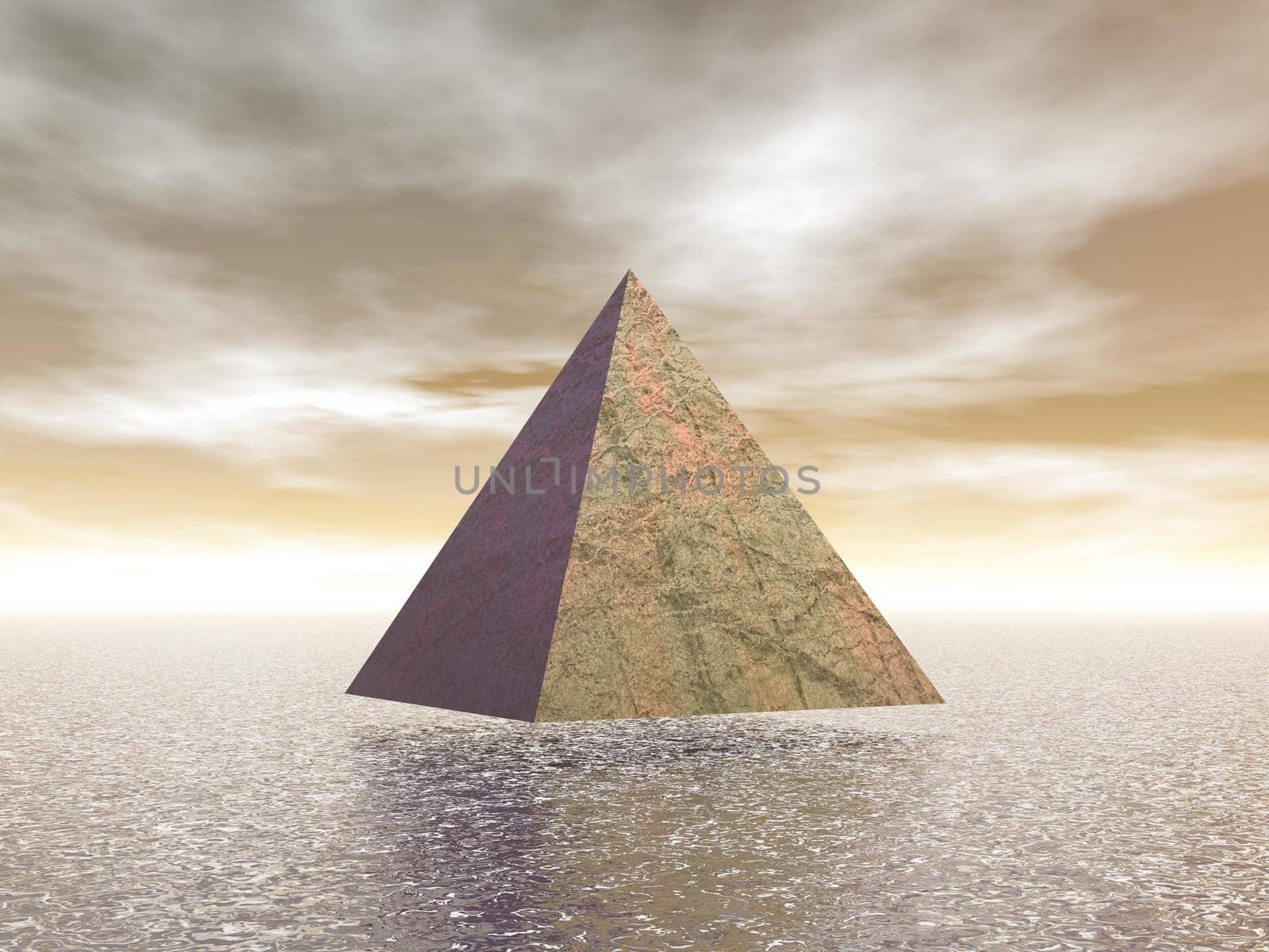 One mystical pyramid upon water in brown background