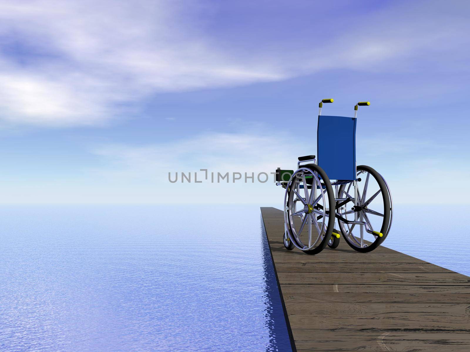 One wheelchair standing on a pontoon in front of the ocean by day