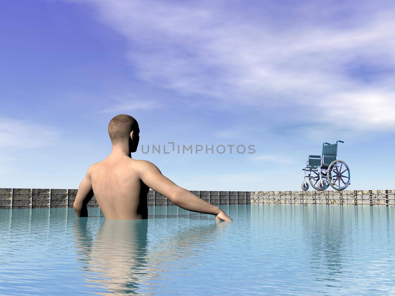 One handicapped man in water at the swimming pool by day