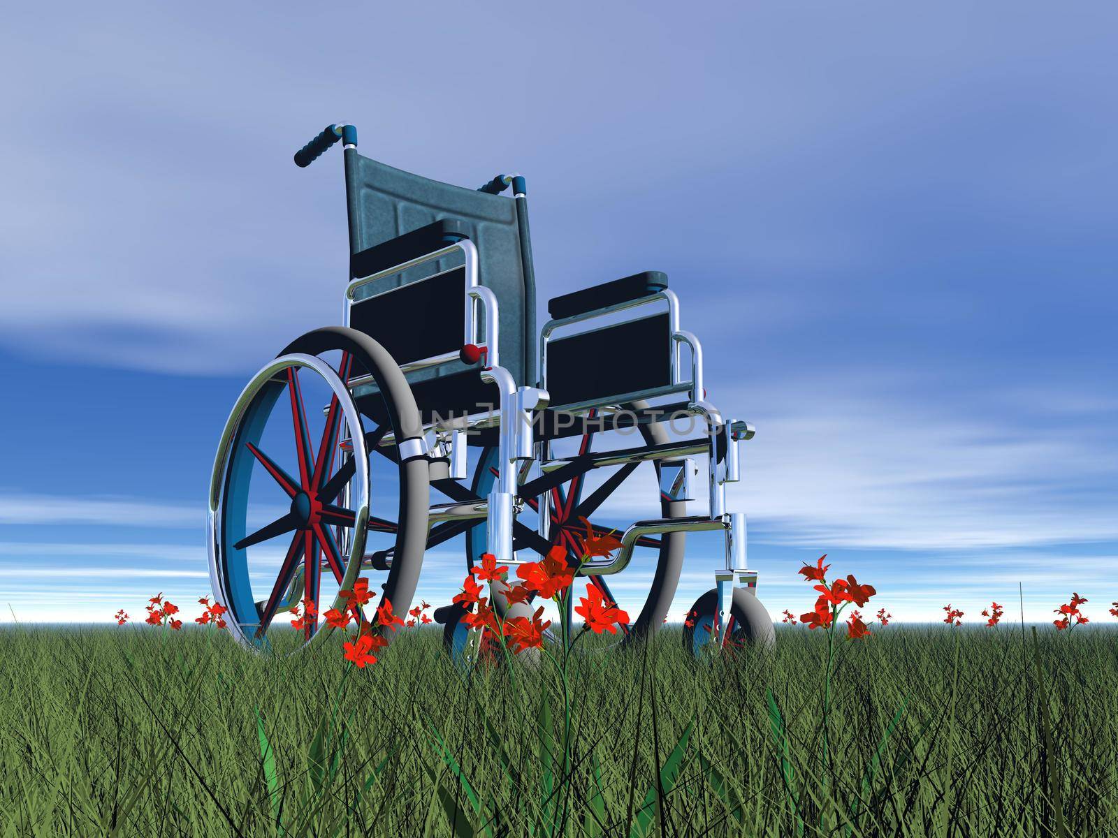 One wheelchair standing in the grass full of red flowers by day