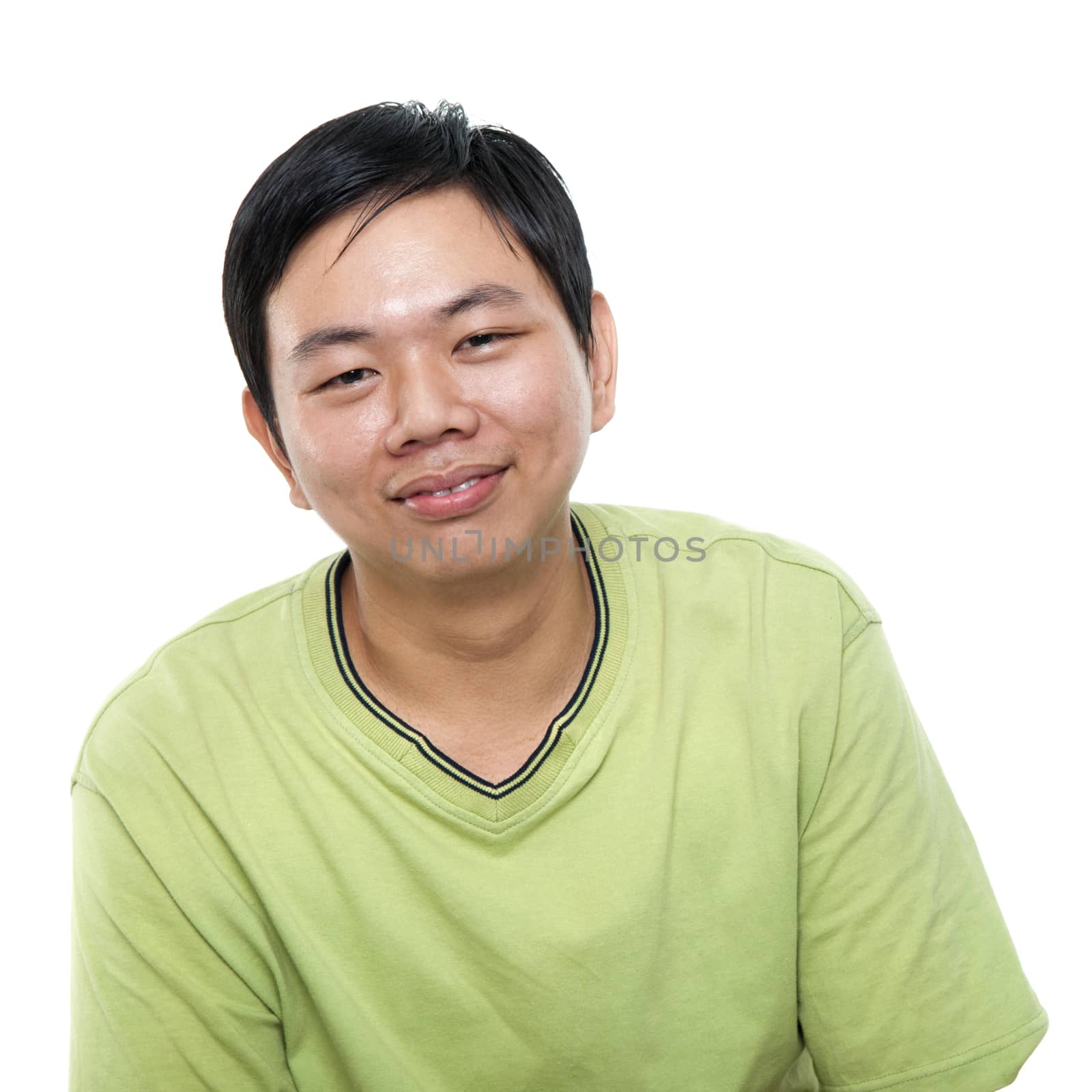 Portrait of 40s Asian middle aged guy smiling, isolated on white background.