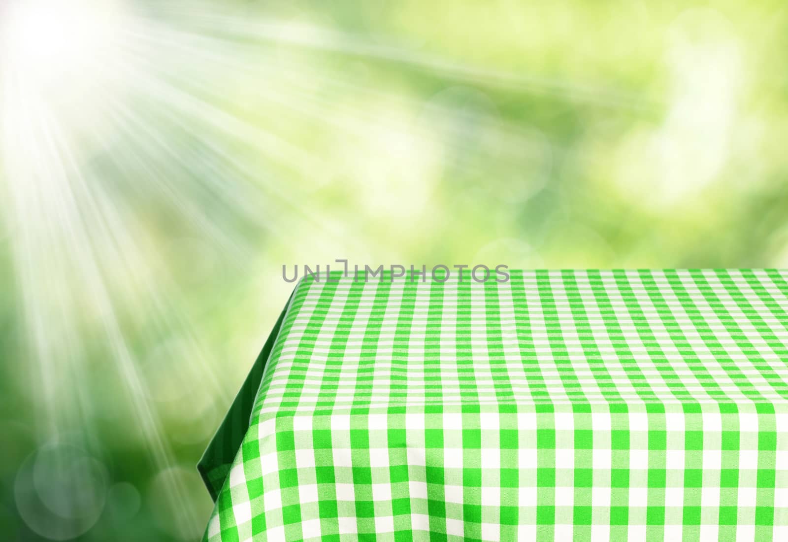 Empty table and defocused fresh green background