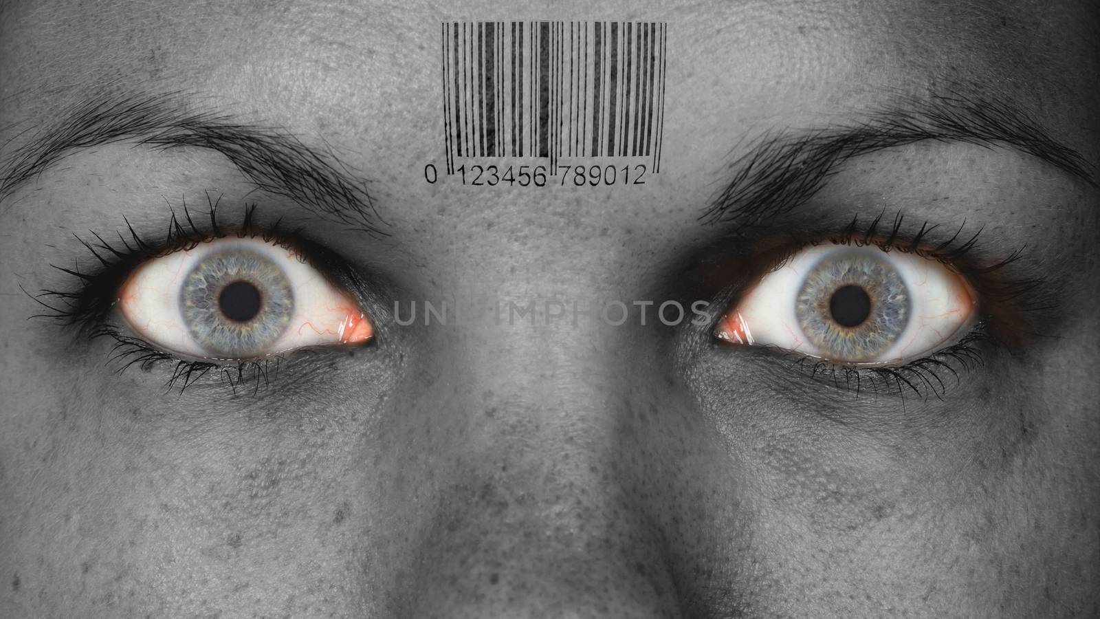 Women eye, close-up, minimum make-up, barcode