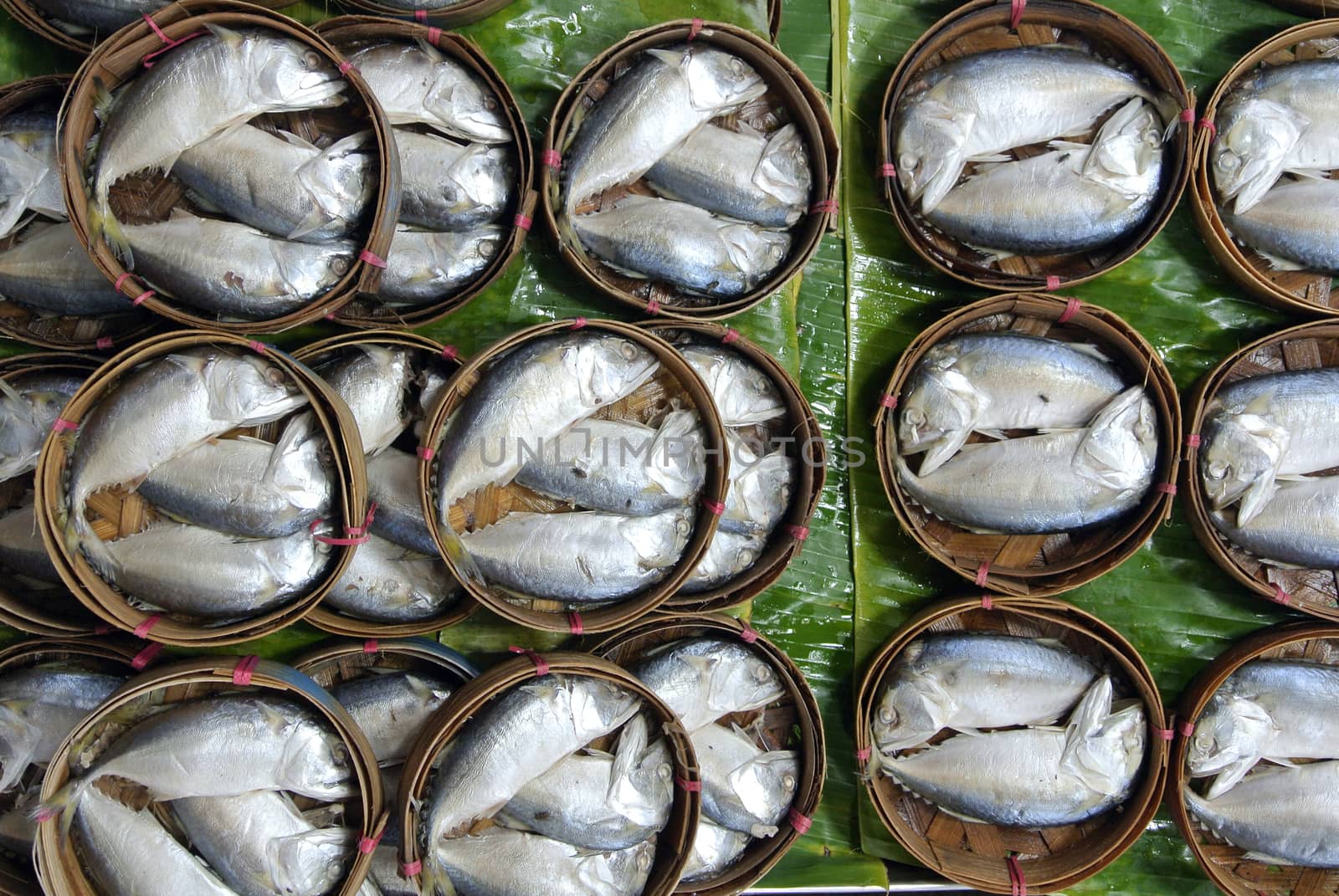 Mackerel fish in bamboo basket at market, Thailand