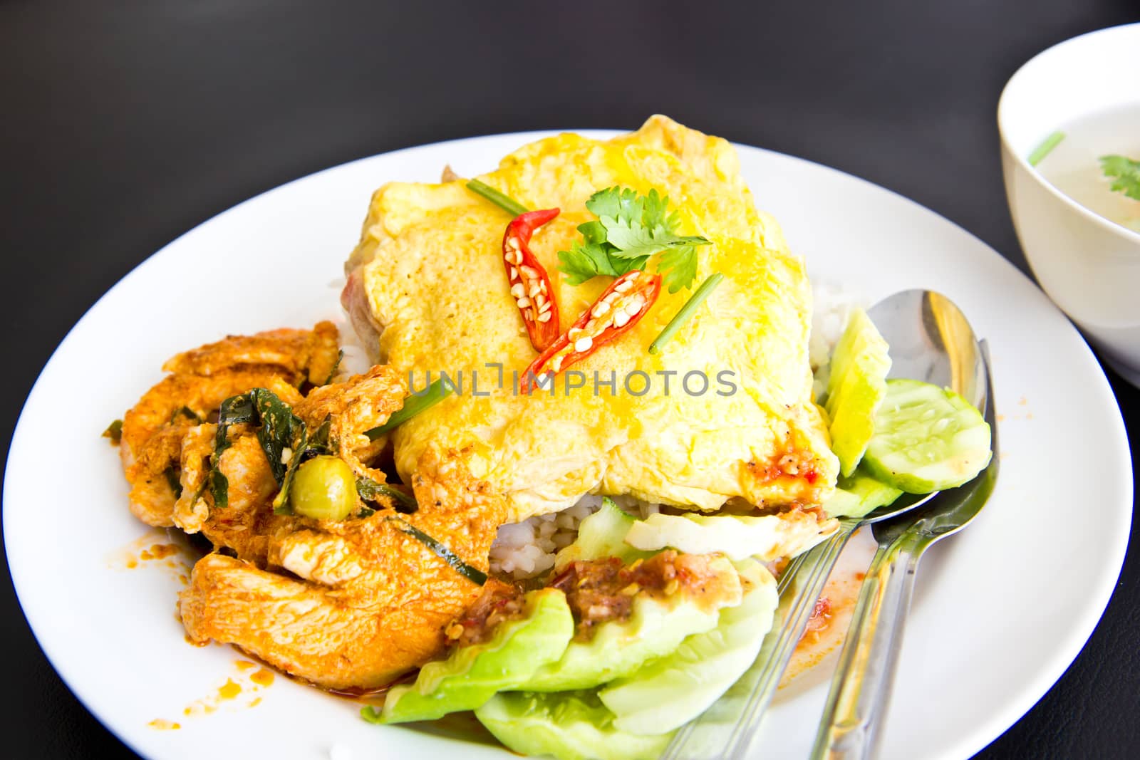 Spicy chicken curry and omelet  with jasmine rice