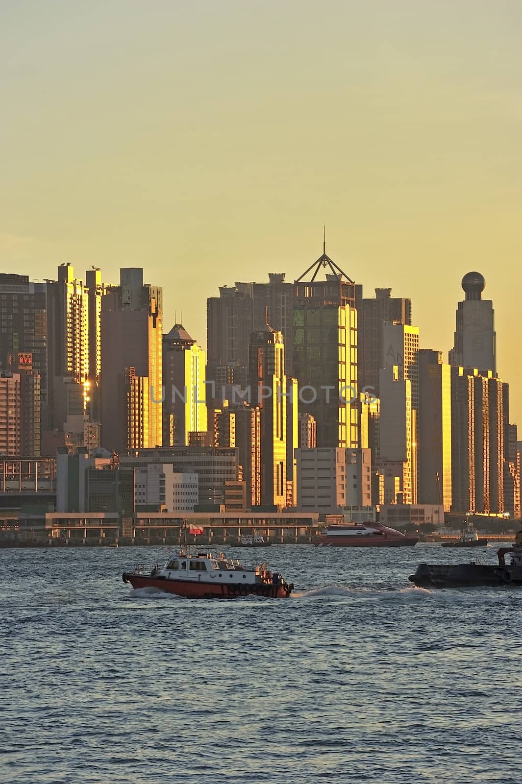 Skyline of Hong Kong at sunset.