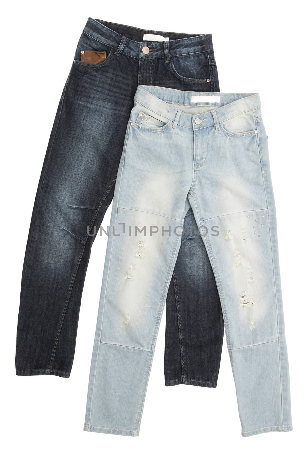 Two pair of blue jeans isolated on white background