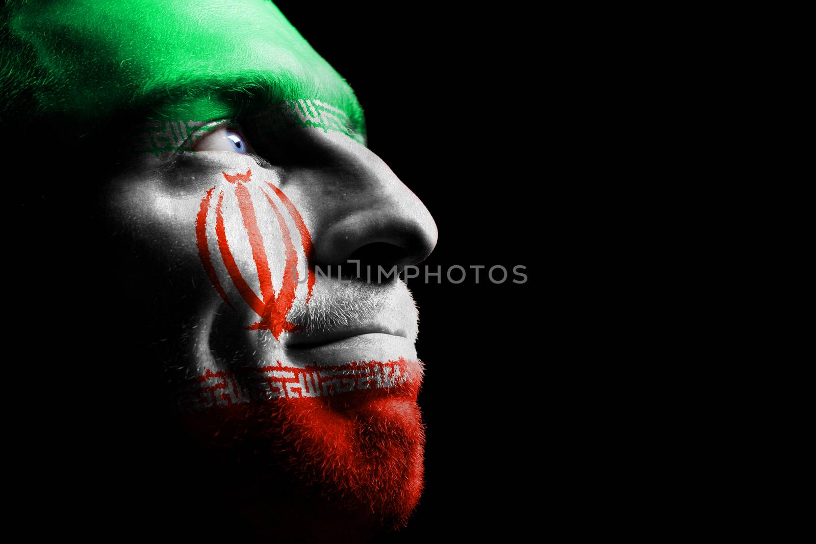 Sports fan from Iran. Isolated on black.