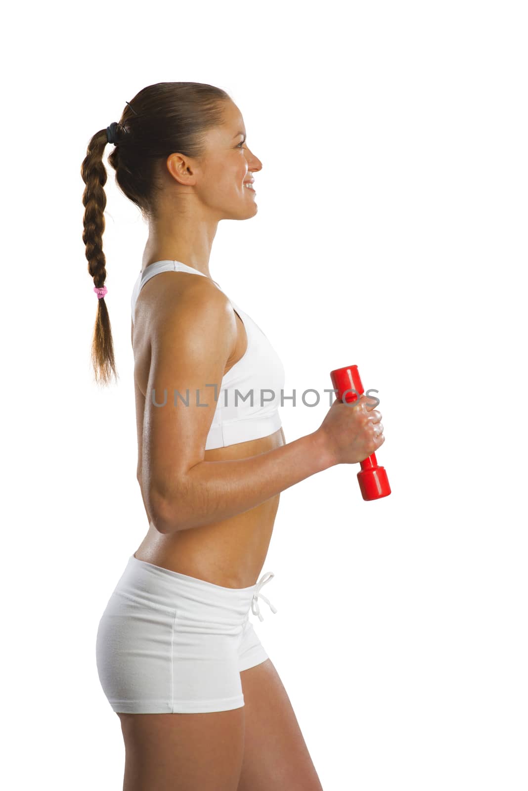 image of a young attractive sporty woman with red dumbbell