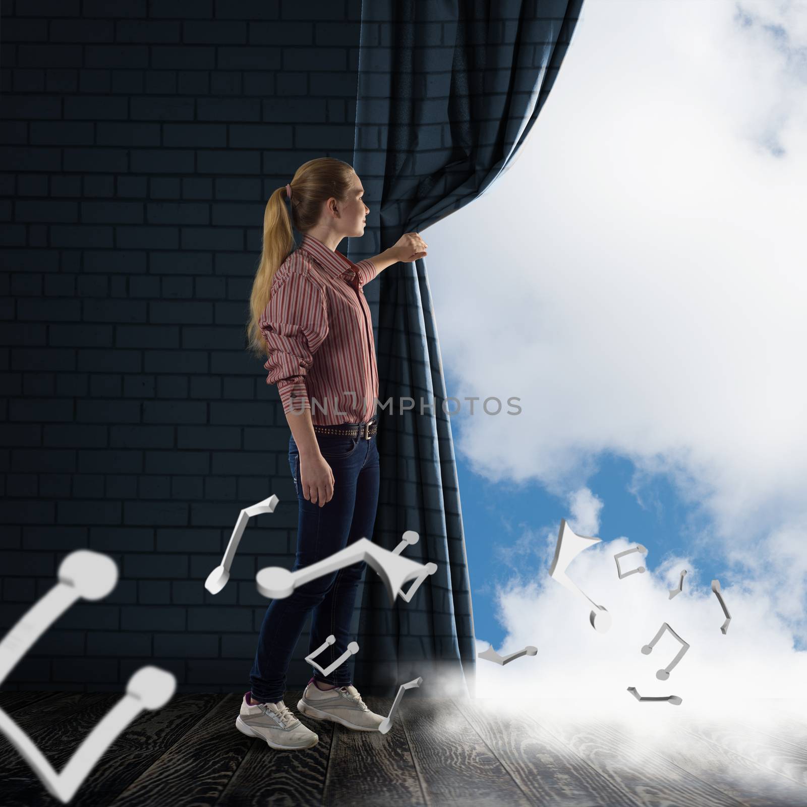 young woman pushes the curtain looking at clouds by adam121
