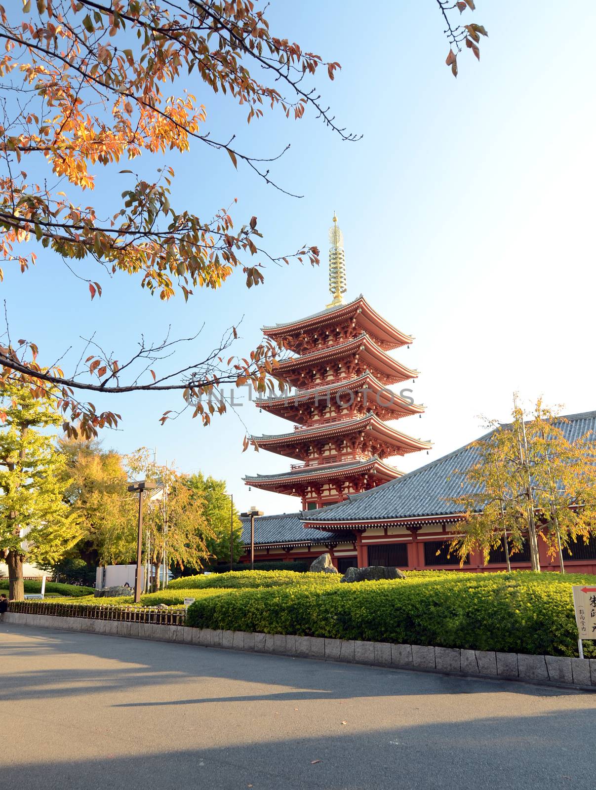 The ornate five-storey pagoda at Sensoji Temple in Tokyo, Japan. 