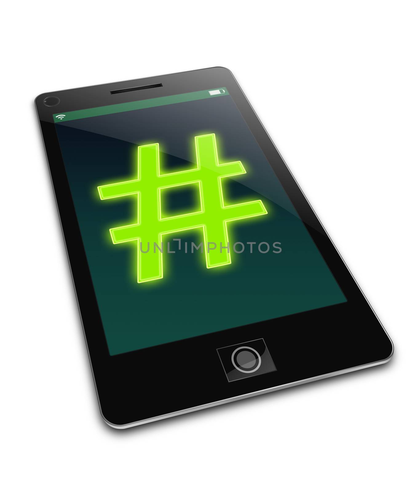 Illustration depicting a phone with a hashtag concept.