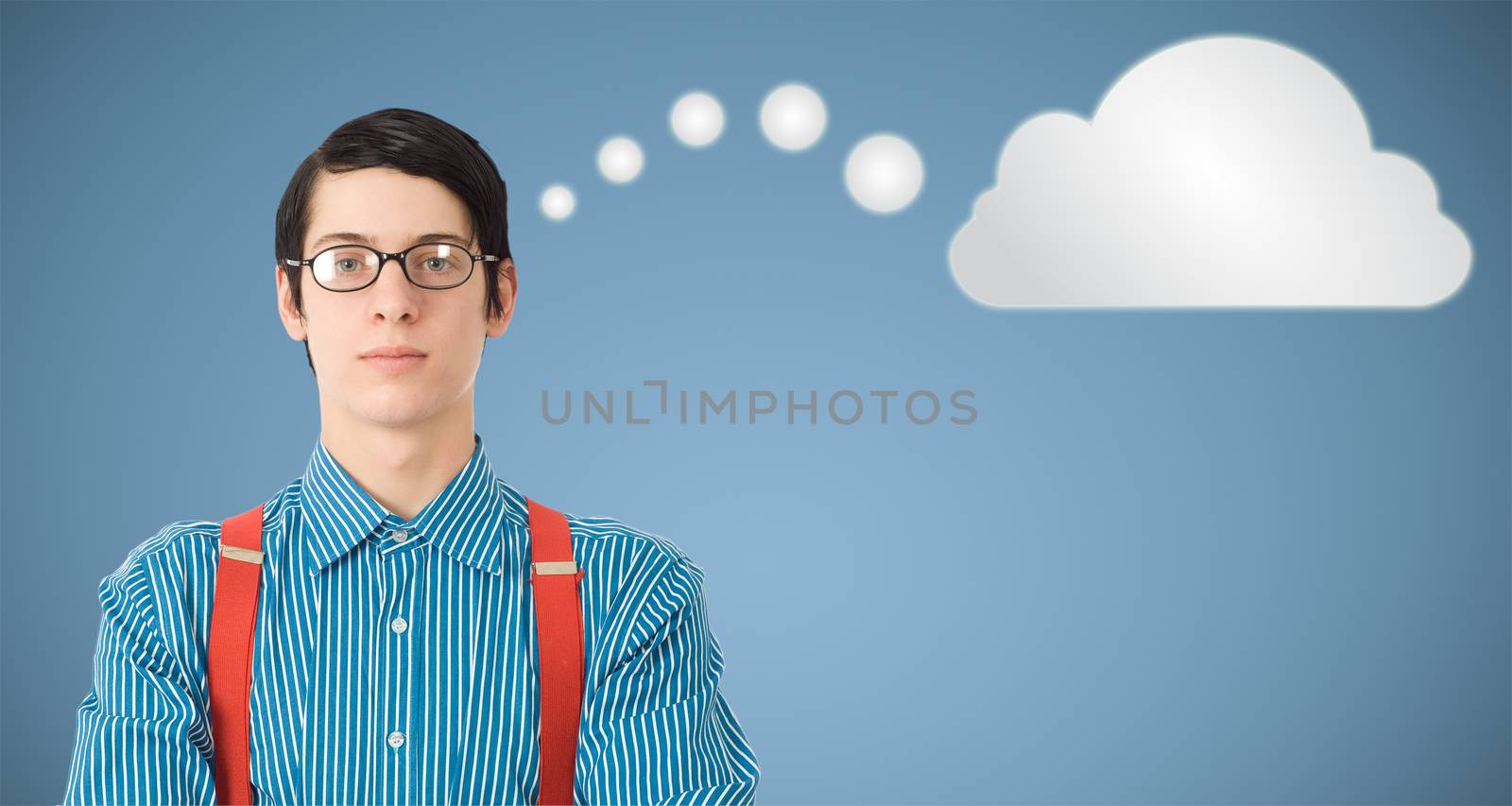 Nerd geek businessman thinking cloud or computing by alistaircotton
