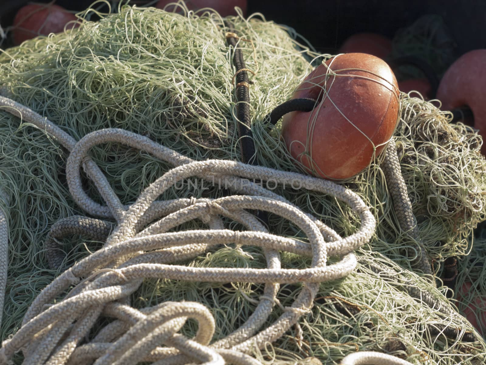 old fishing net with buoys in the port