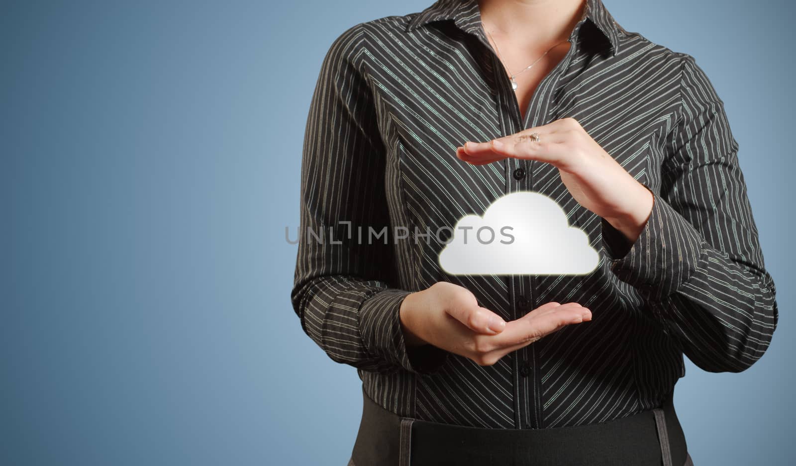 Businesswoman holding cloud computer network technology in hands