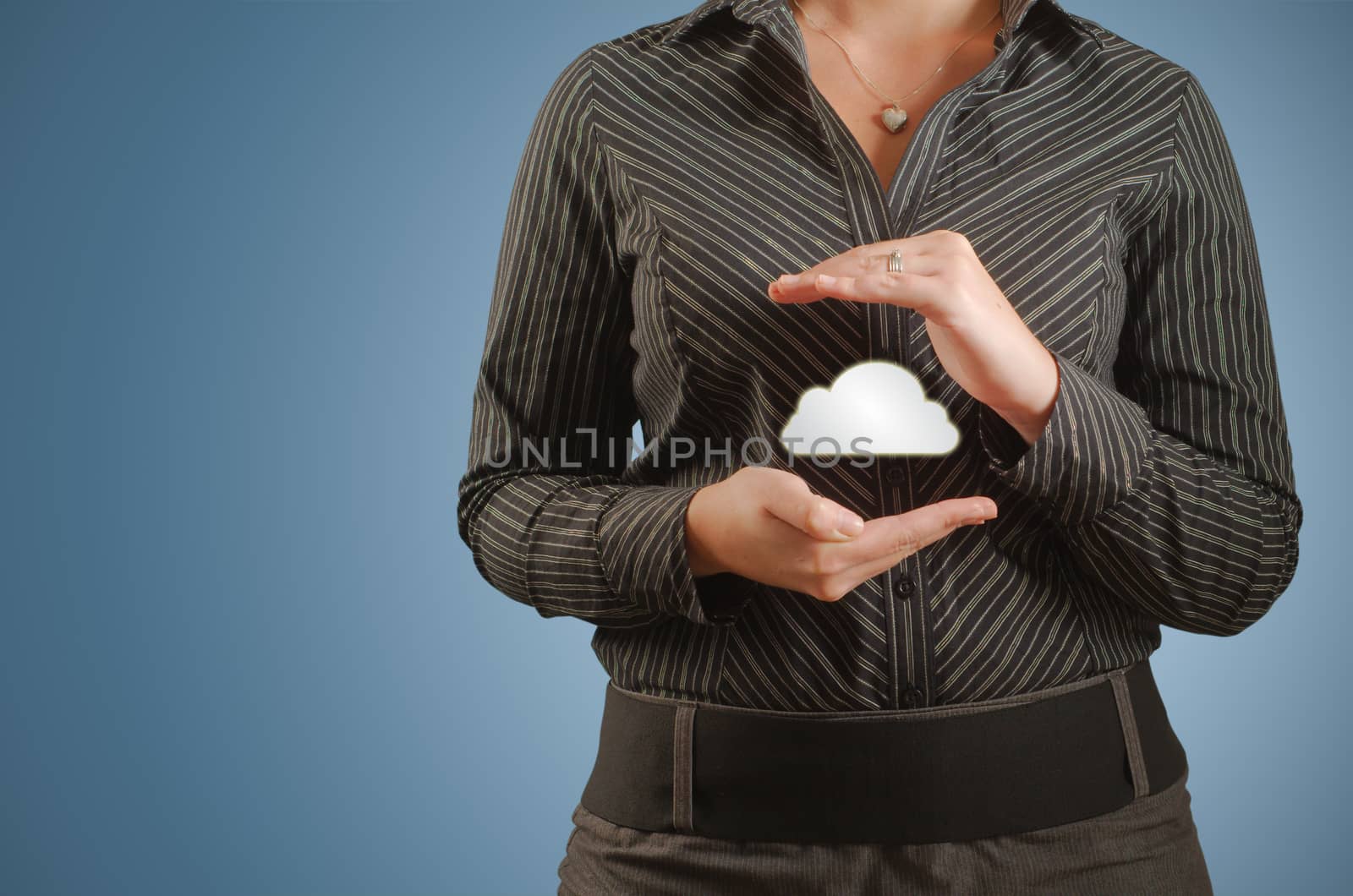 Businesswoman holding cloud computer network technology in hands