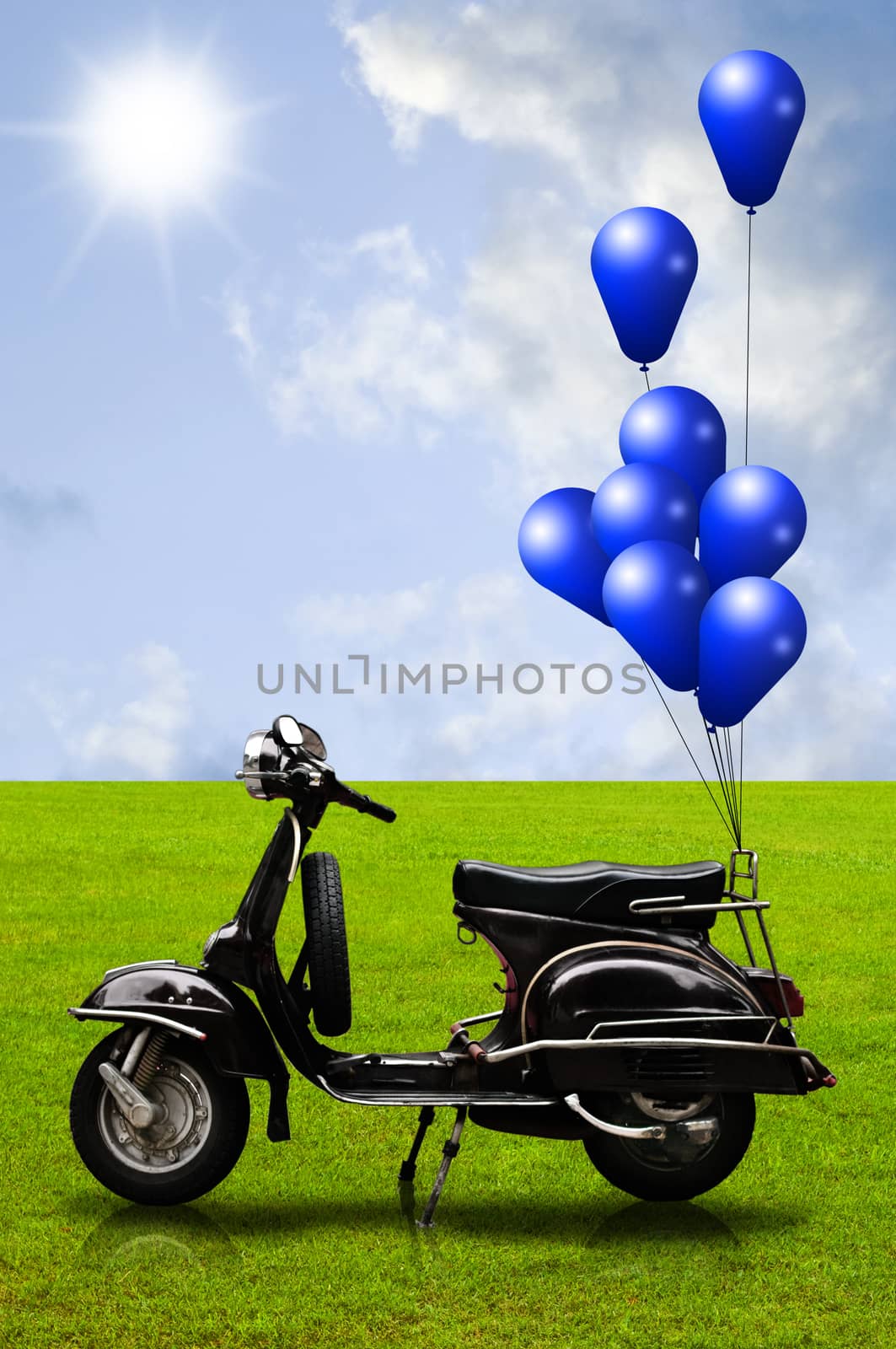 Retro scooter and colorful balloon with nice landscape background