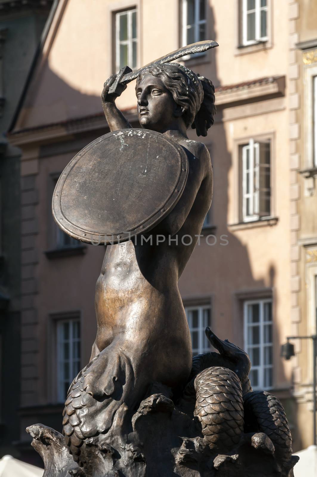 Mermaid statue in the Old Town Square of Warsaw, Poland.