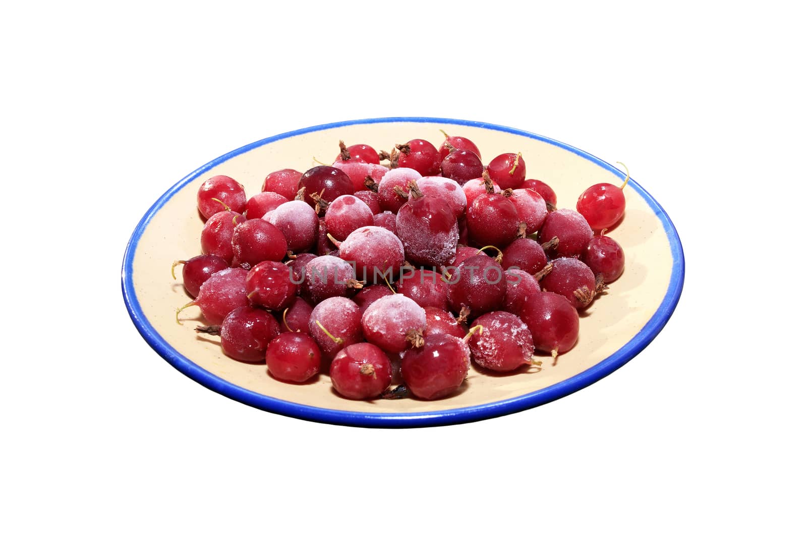 Dark red fruit frozen gooseberry in yellow saucer on a white background