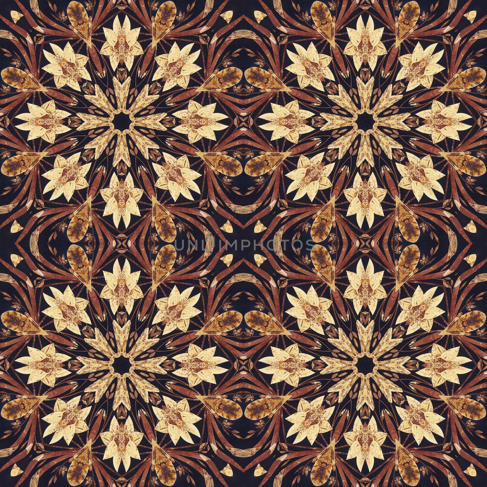 Abstract artistic pattern, seamless handmade floral ornament, applique from the back side of a birch bark on black fabric background