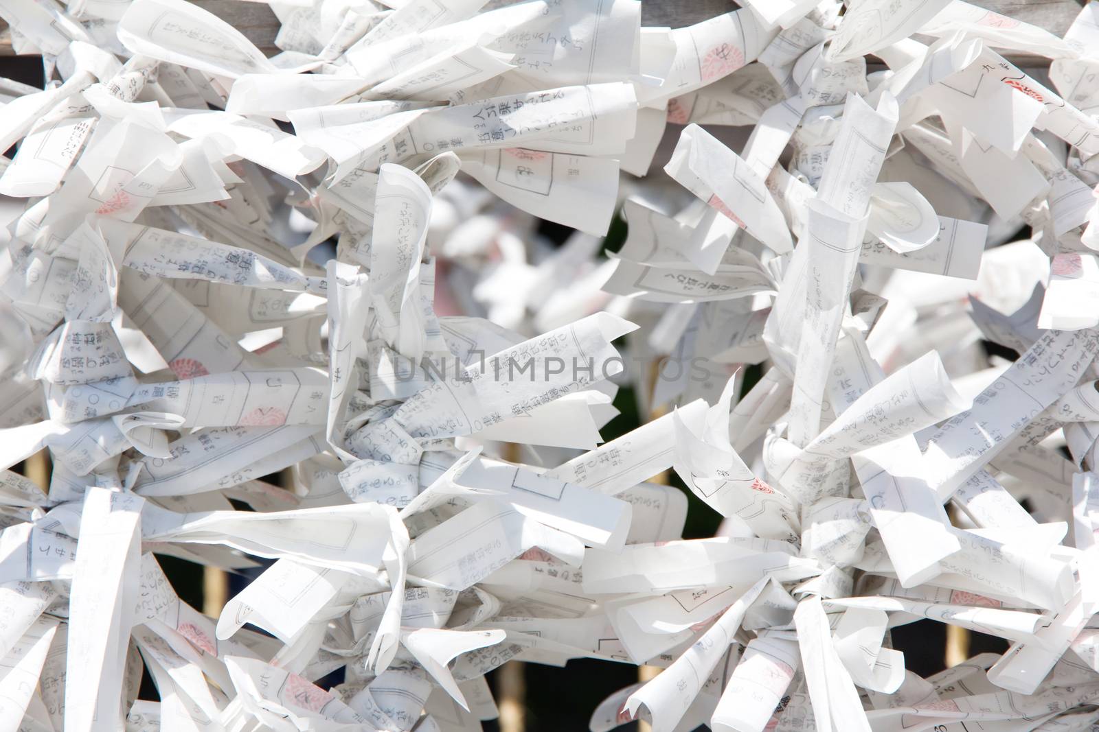 Tokyo, Japan - omikuji fortune paper hanged on a line in a temple