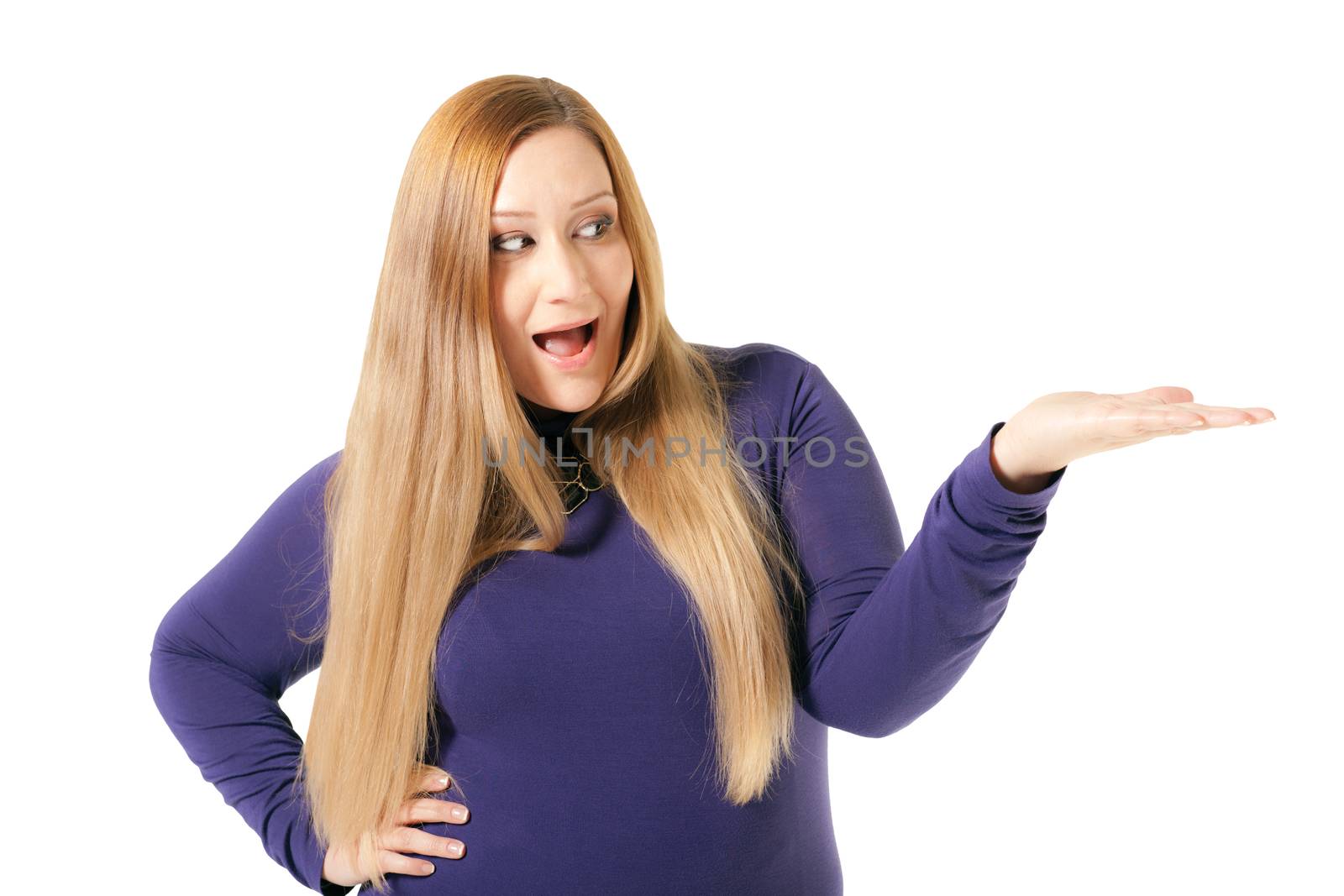 Overweight woman isolated on white with work path, reacting to and holding nothing