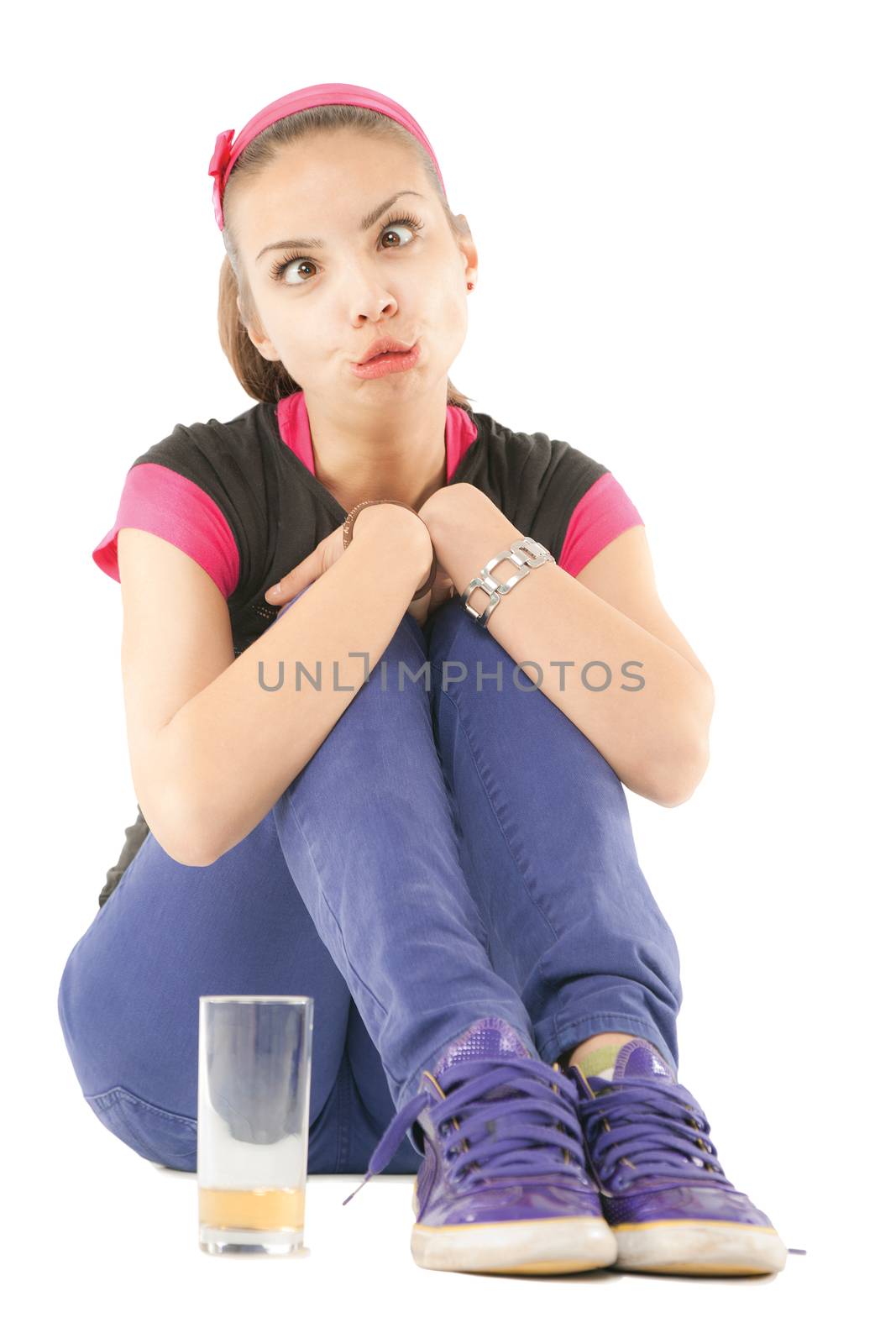 young woman isolated on white with work path making funny face