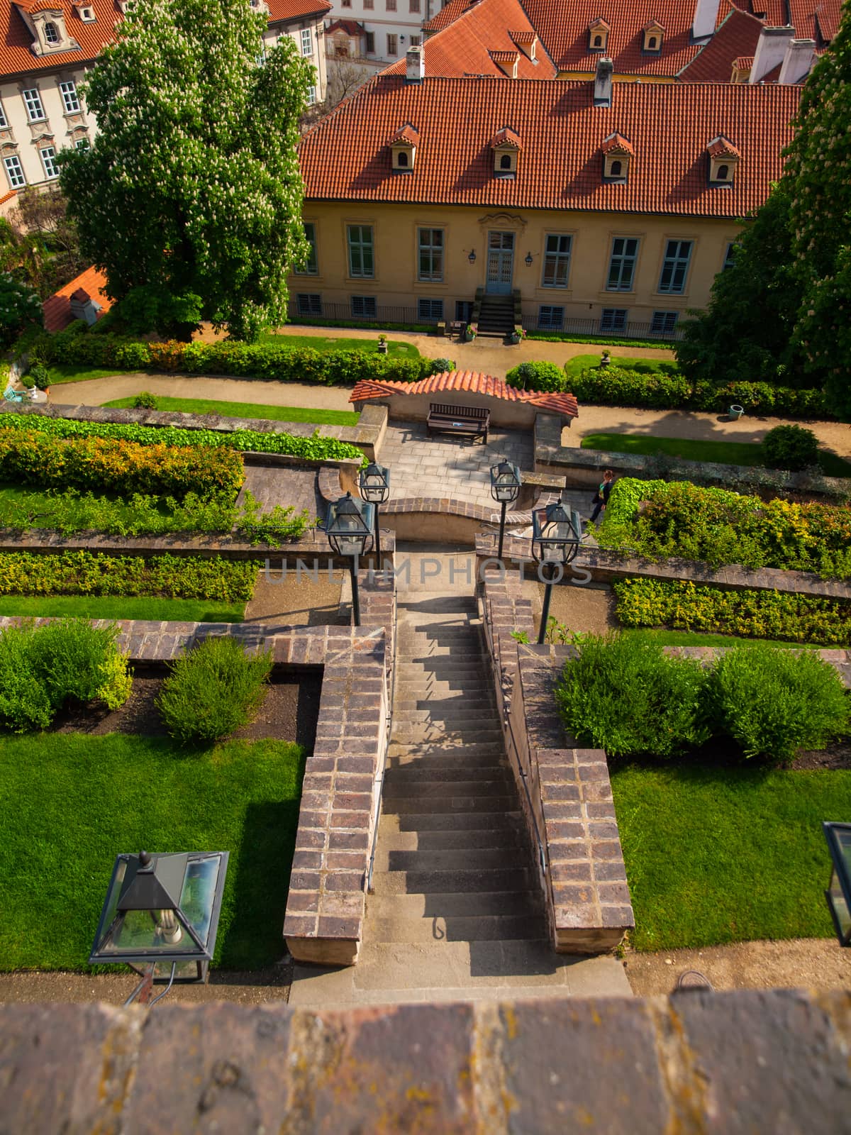 Terraces of gardens under Prague Castle in sunny day