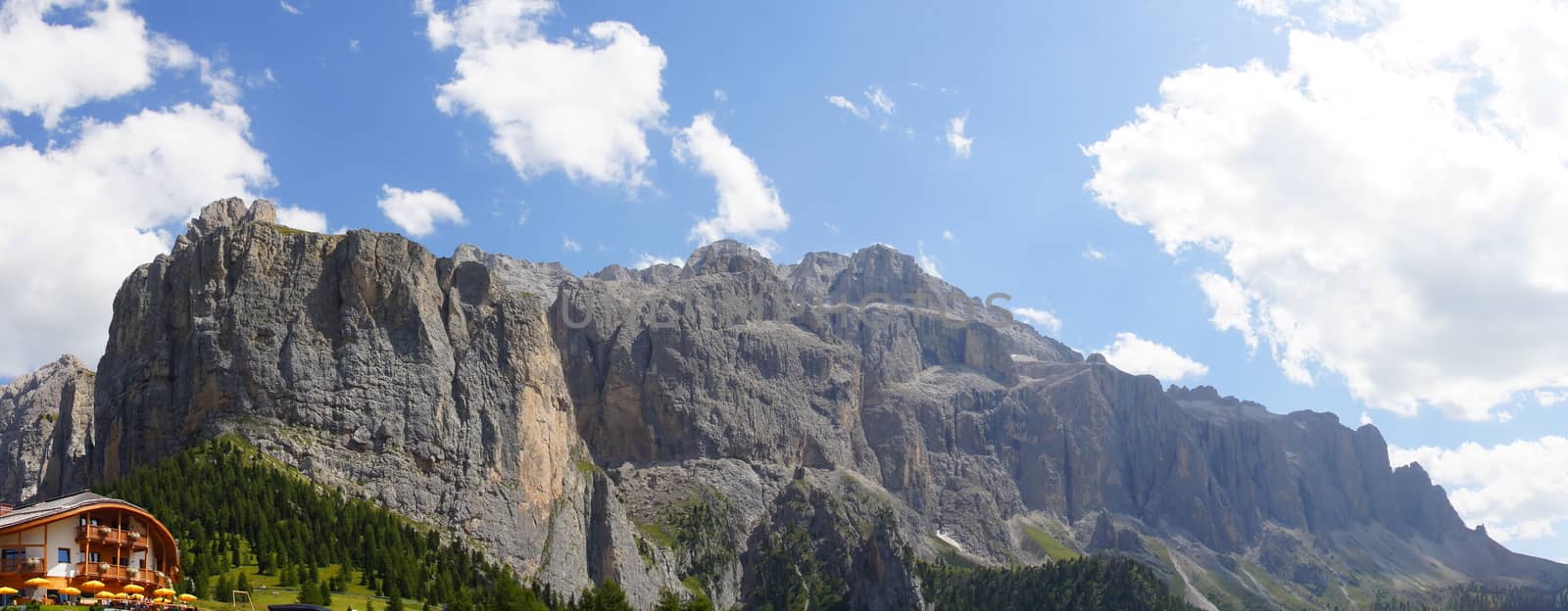 Sella massif panoramic with Hotel bottom left