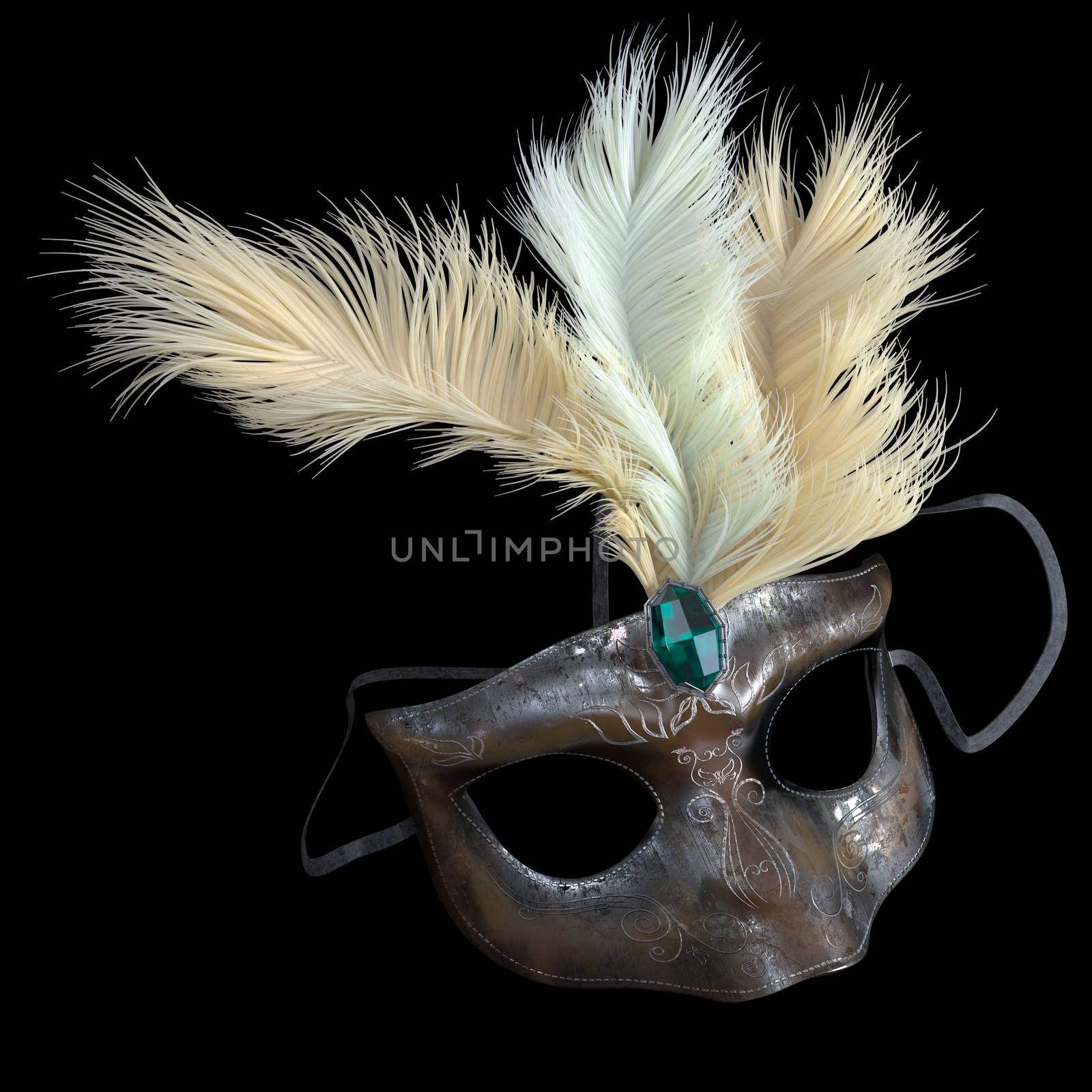 metal carnival mask with feathers on isolate black