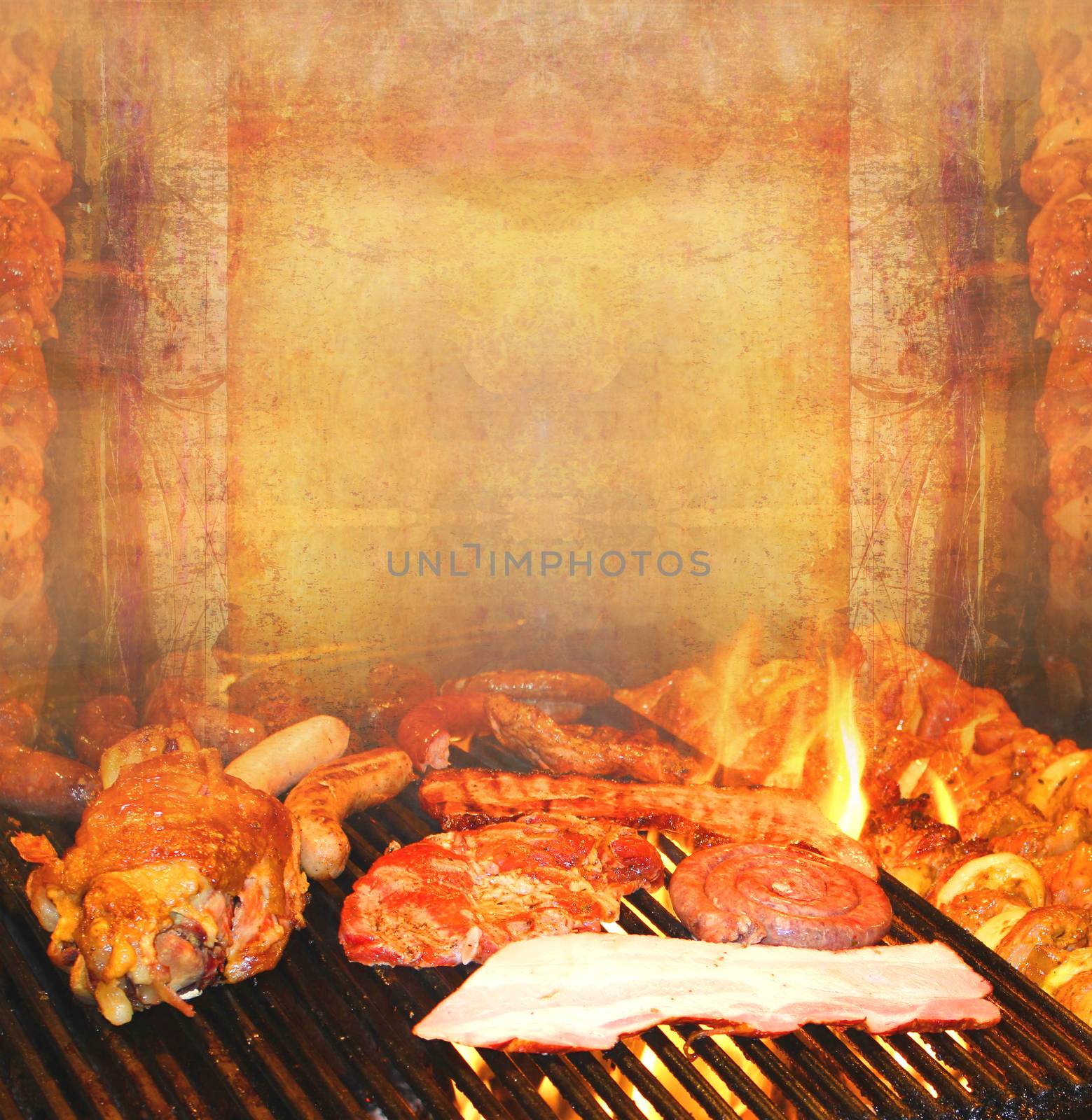 barbecue with delicious grilled meat ,Abstract vintage frame