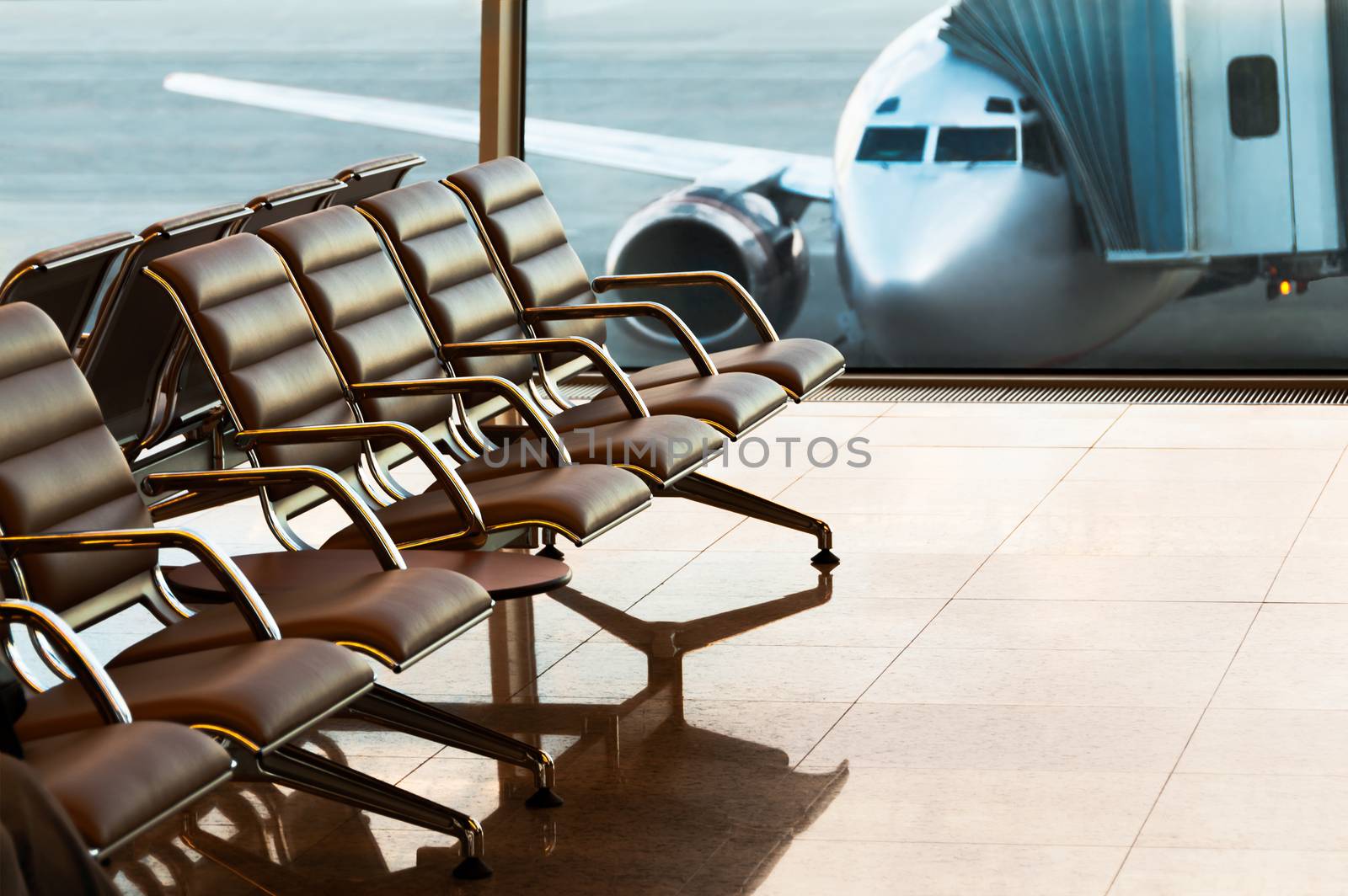 Seats, view from airport hall. Boarding.