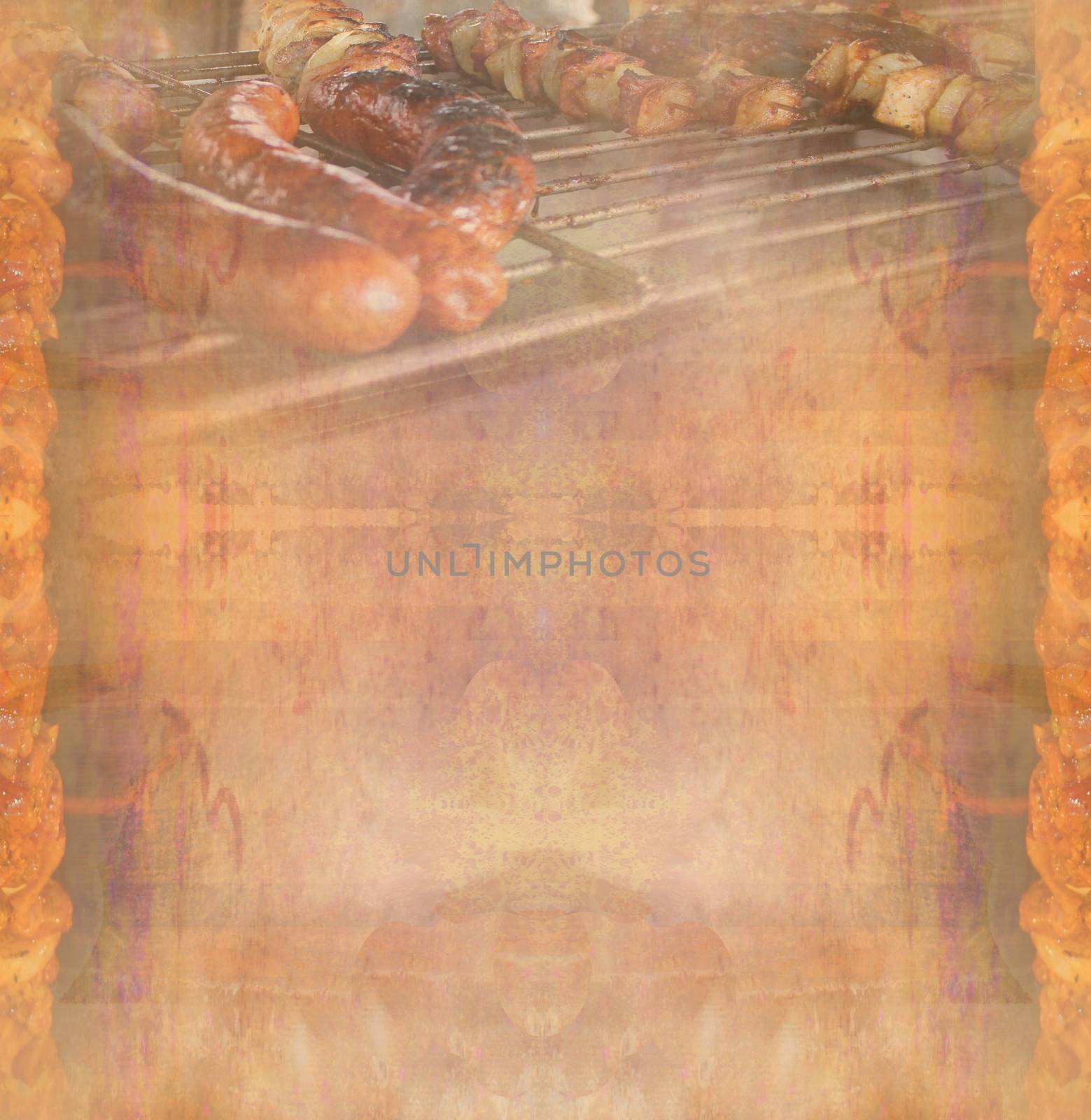 barbecue with delicious grilled meat ,Abstract vintage frame