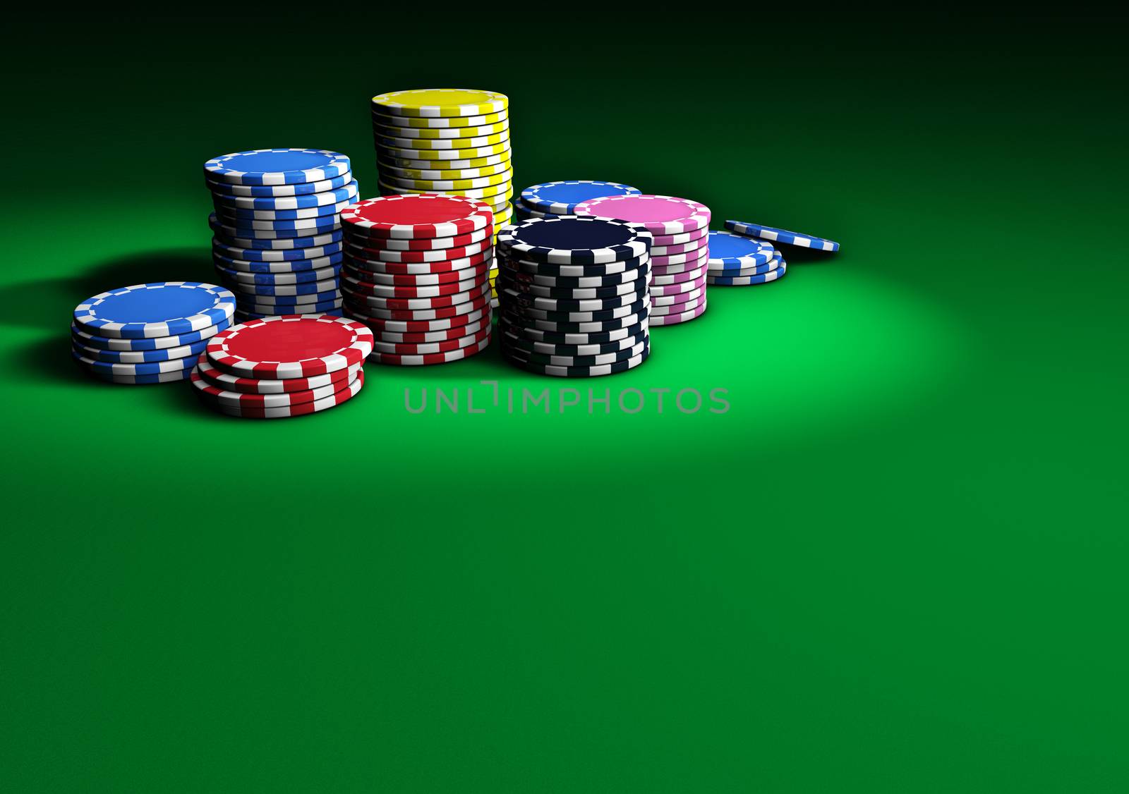 Gambling and casino entertainment concept with stacks of colorful poker chips on a green table 3d rendering.