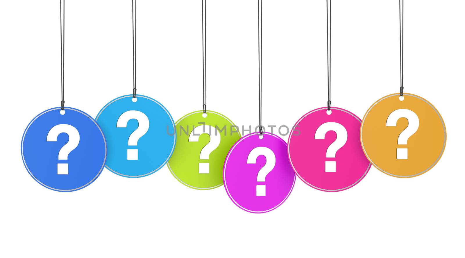 Website, social network and Internet concept with question mark sign and icon on colorful hanged tags on white background.