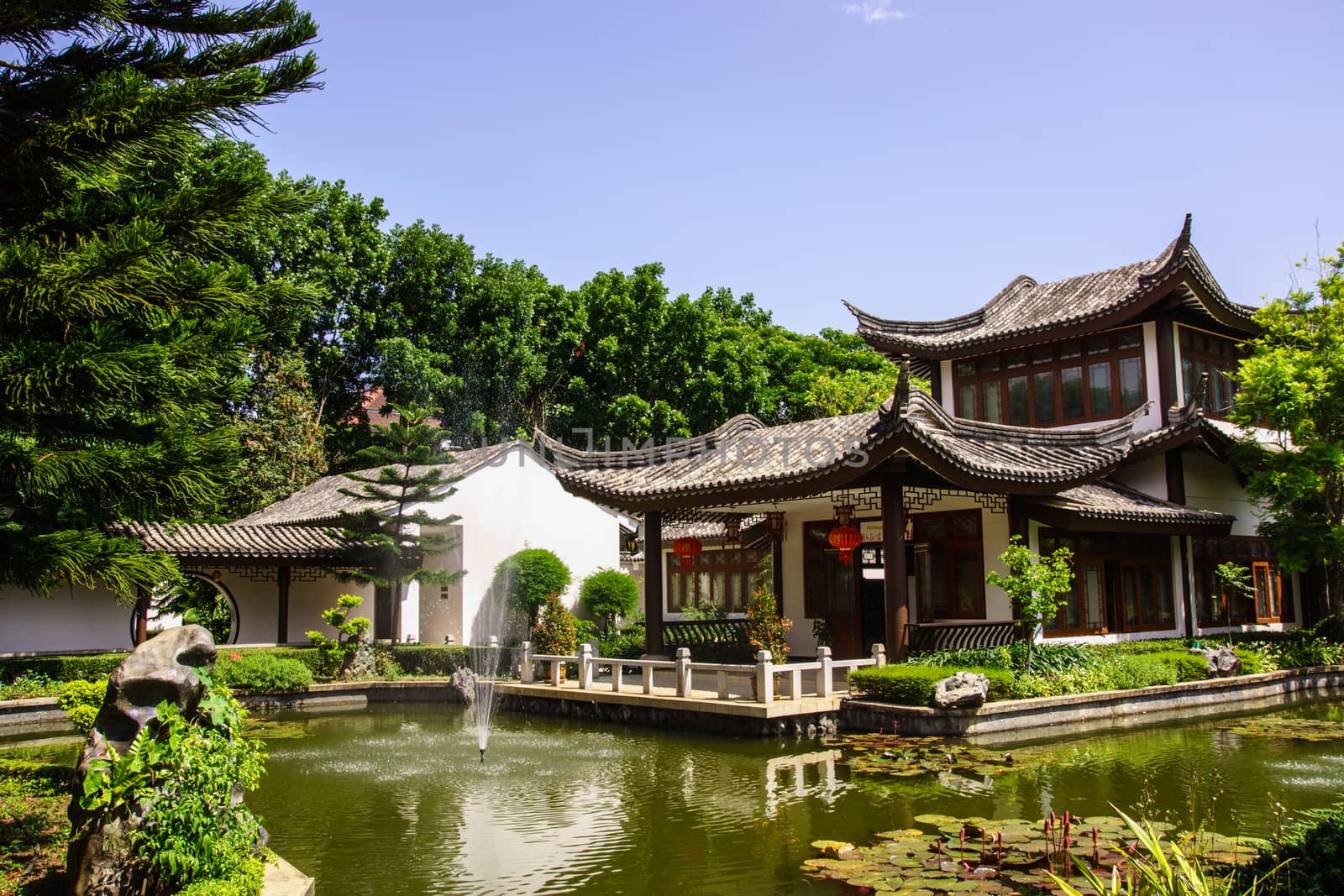 chinese style house with water garden