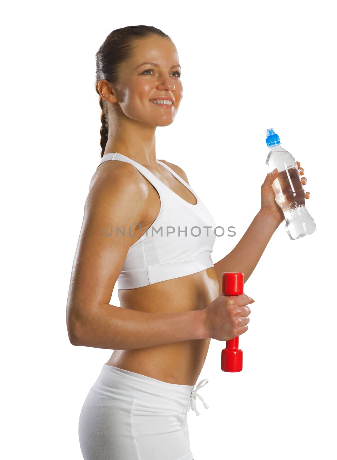 image of a young attractive sporty woman with red dumbbells and water bottle