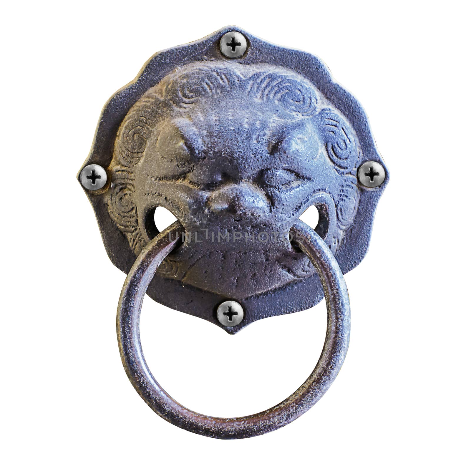 old style lion head knocker isolated on white background with clipping path