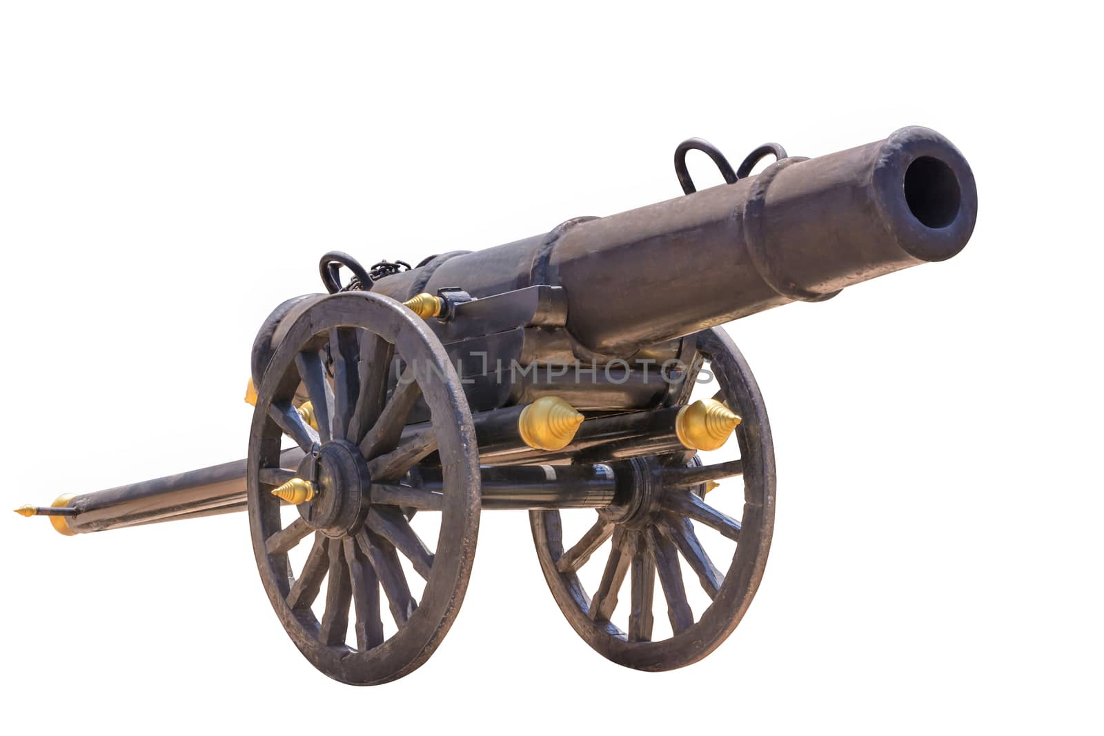 Ancient cannon on wheels isolated on white background with clipping path ,Ancient cannon thai style