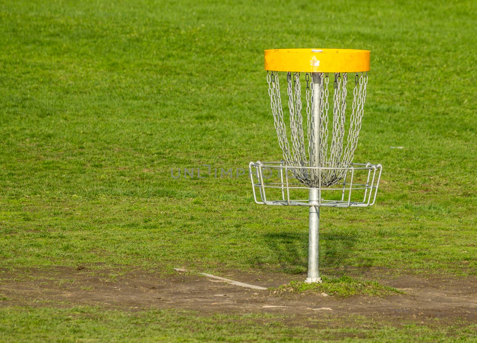 Frisbee golf basket on the green grass