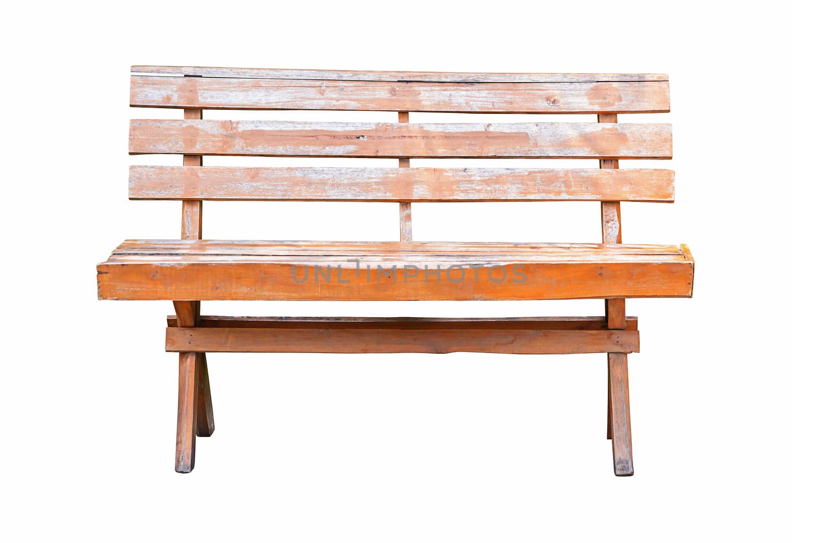 Old wooden bench isolated on white background with clipping path