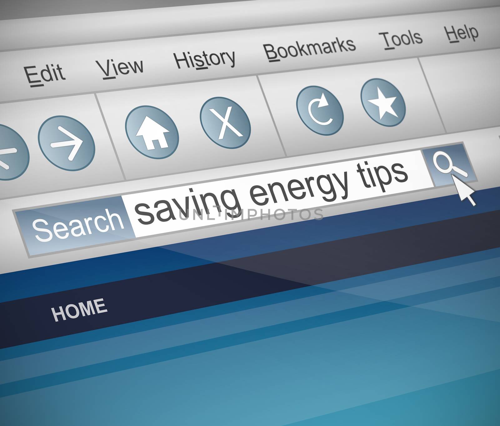 Illustration depicting a screenshot of an internet search with a saving energy concept.