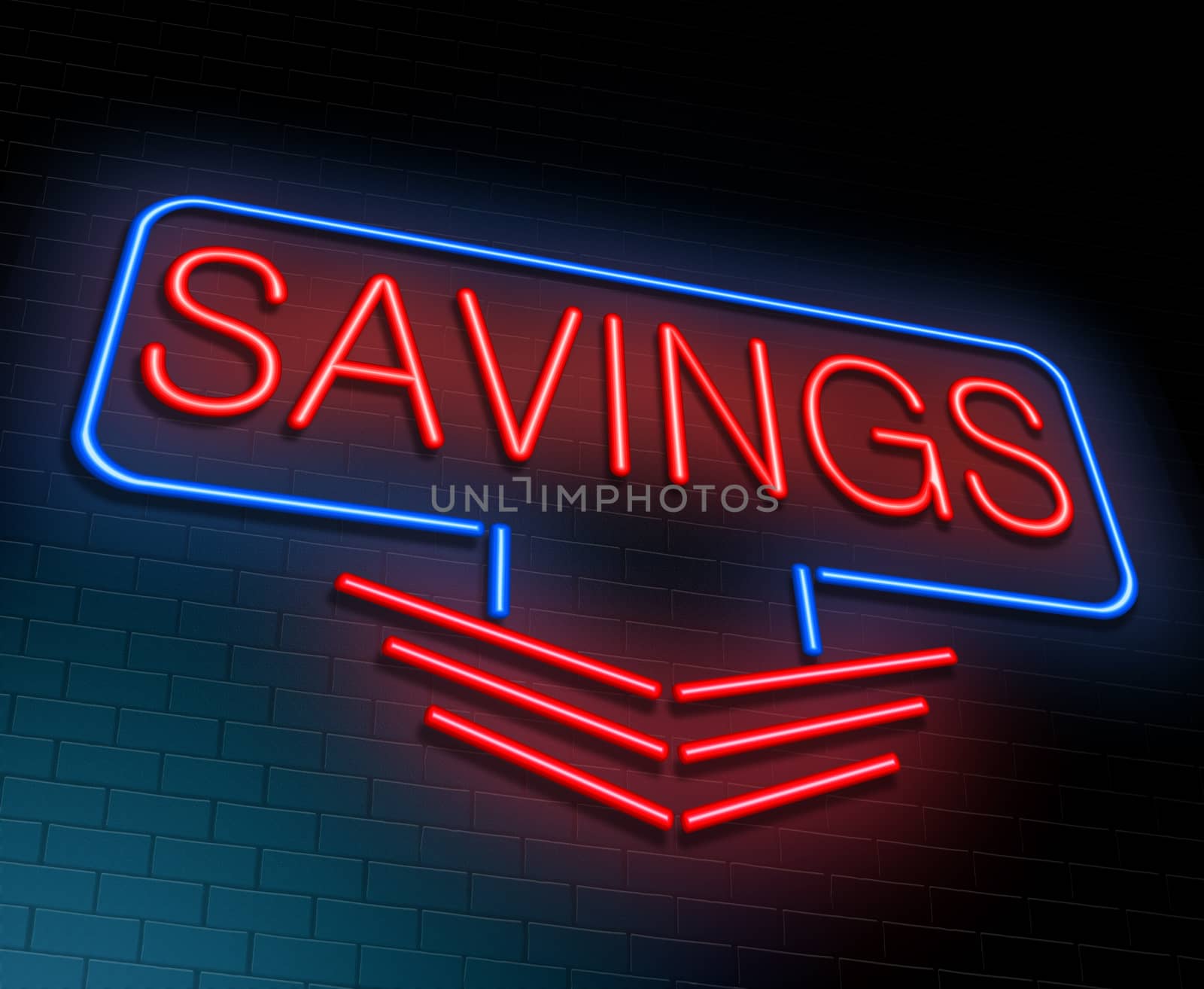 Illustration depicting an illuminated neon sign with a savings concept.
