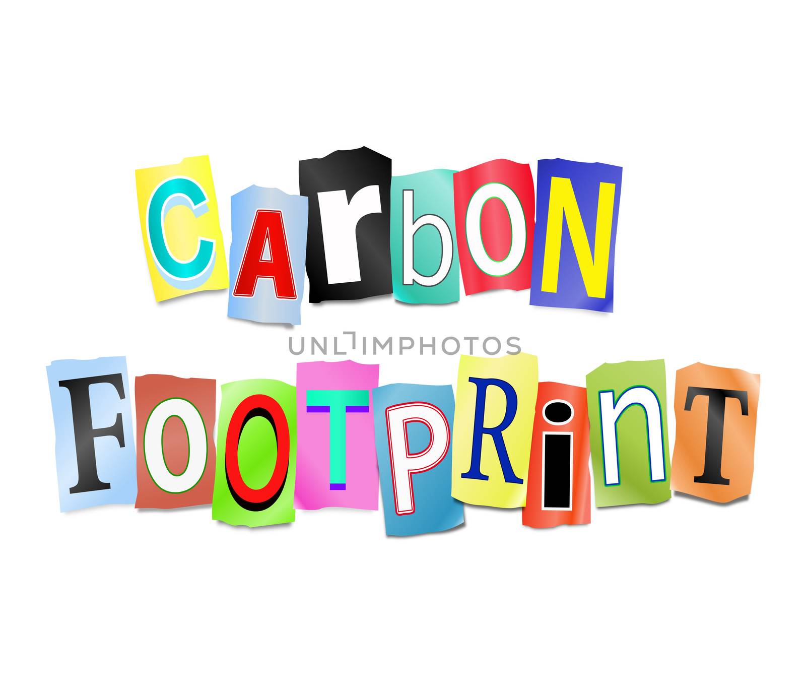 Illustration depicting a set of cut out printed letters arranged to form the words carbon footprint.