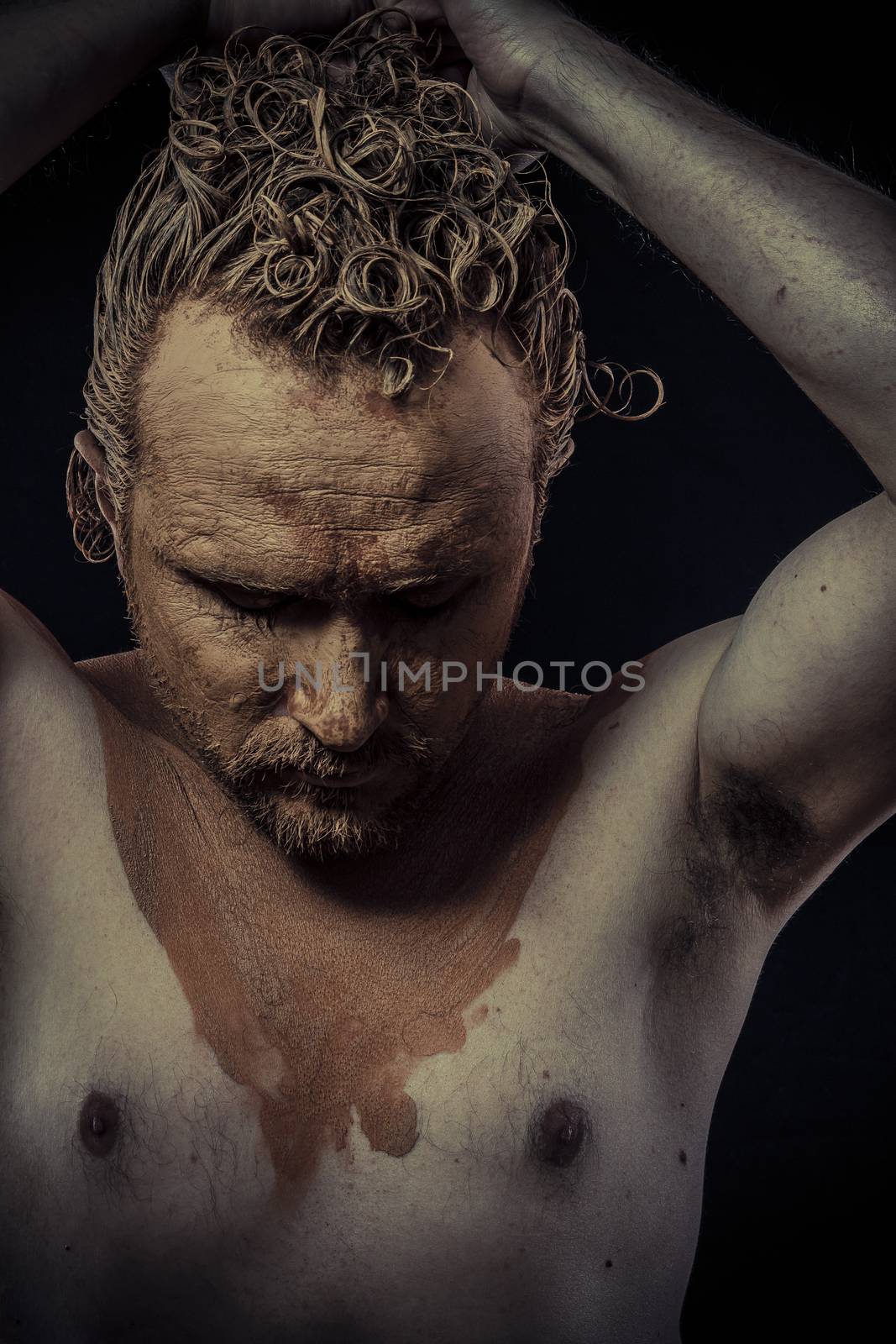 man with mud all over his body, naked, conceptual art by FernandoCortes