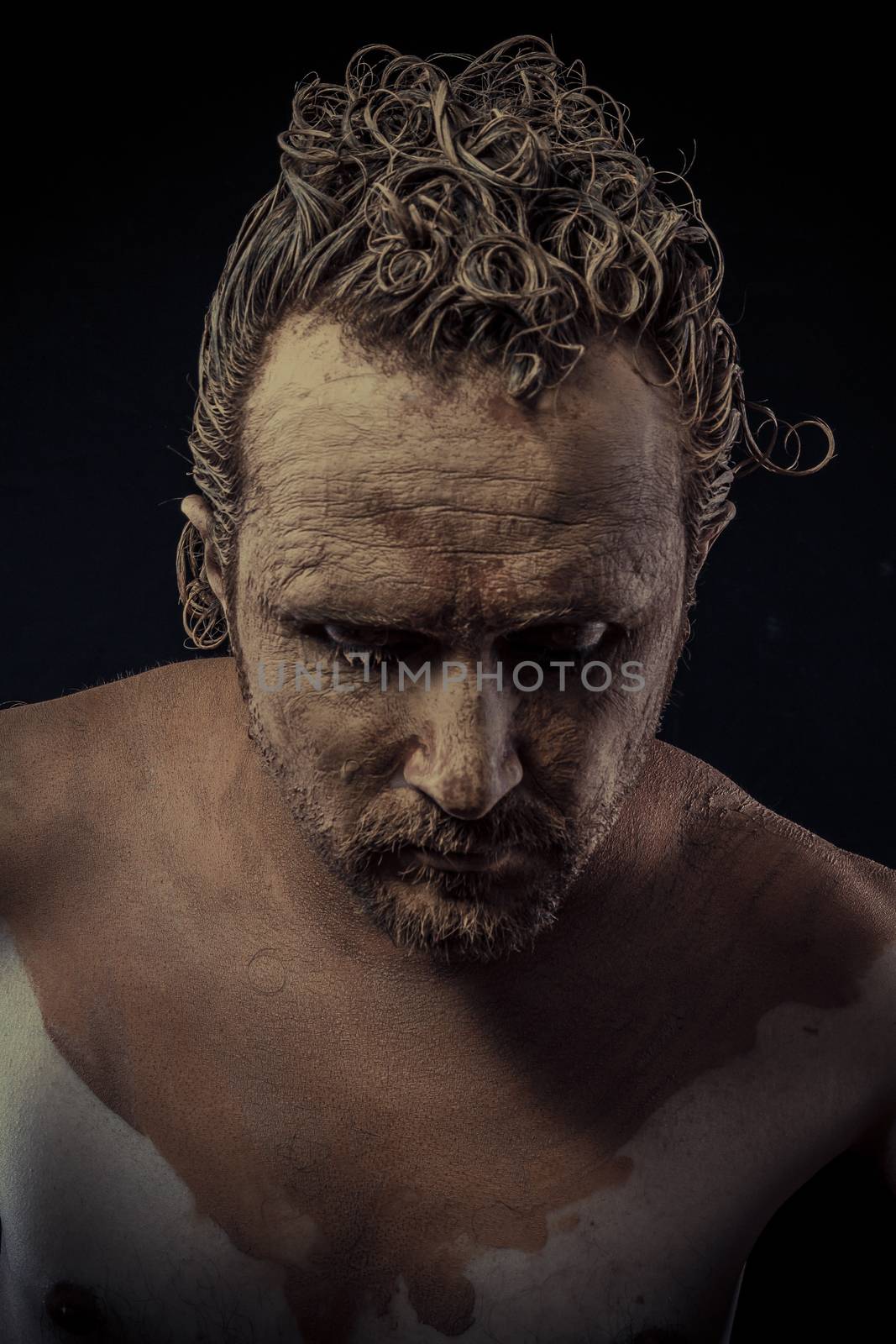 man with mud all over his body, naked, conceptual art by FernandoCortes