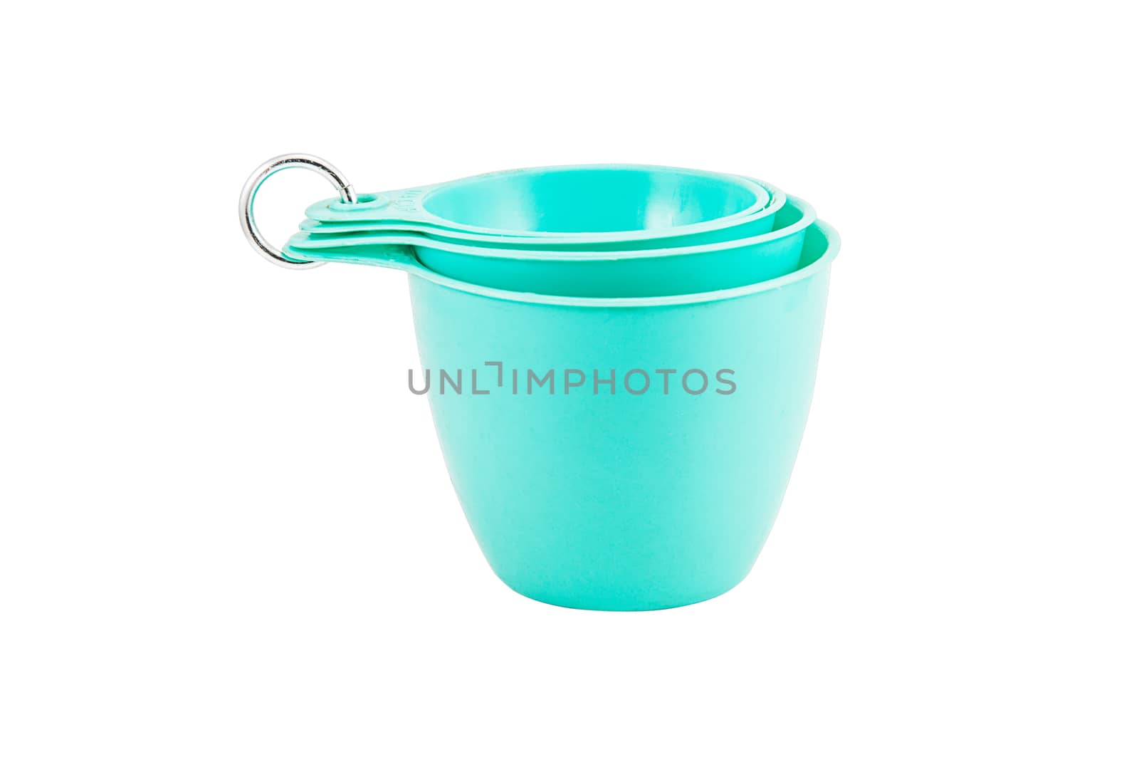 Four plastic measuring cups isolated on white background with clipping path