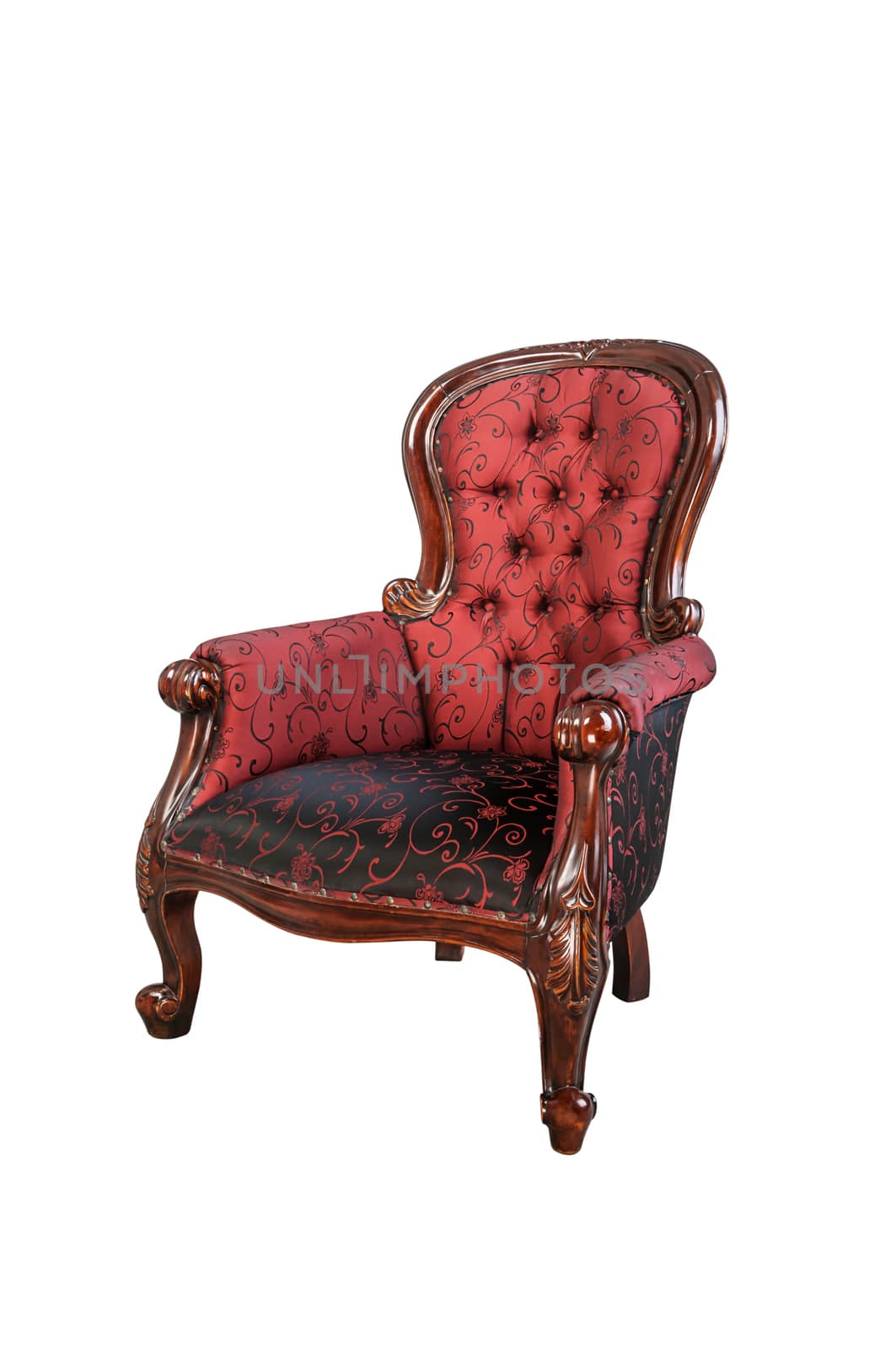 Vintage red silk cloth chair isolated on white background